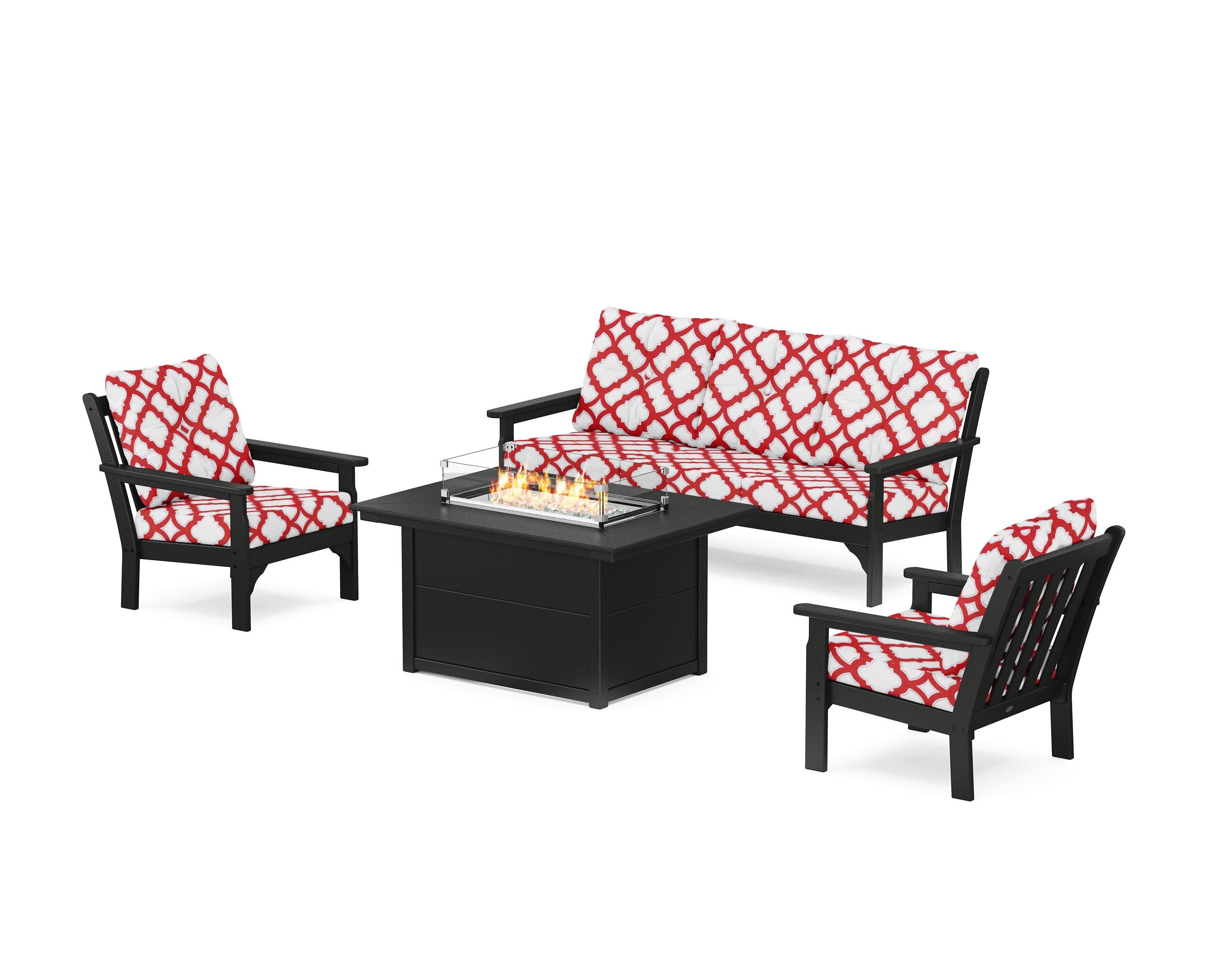 Vineyard Deep Seating Fire Pit Table Set in Black / Trellis Crimson