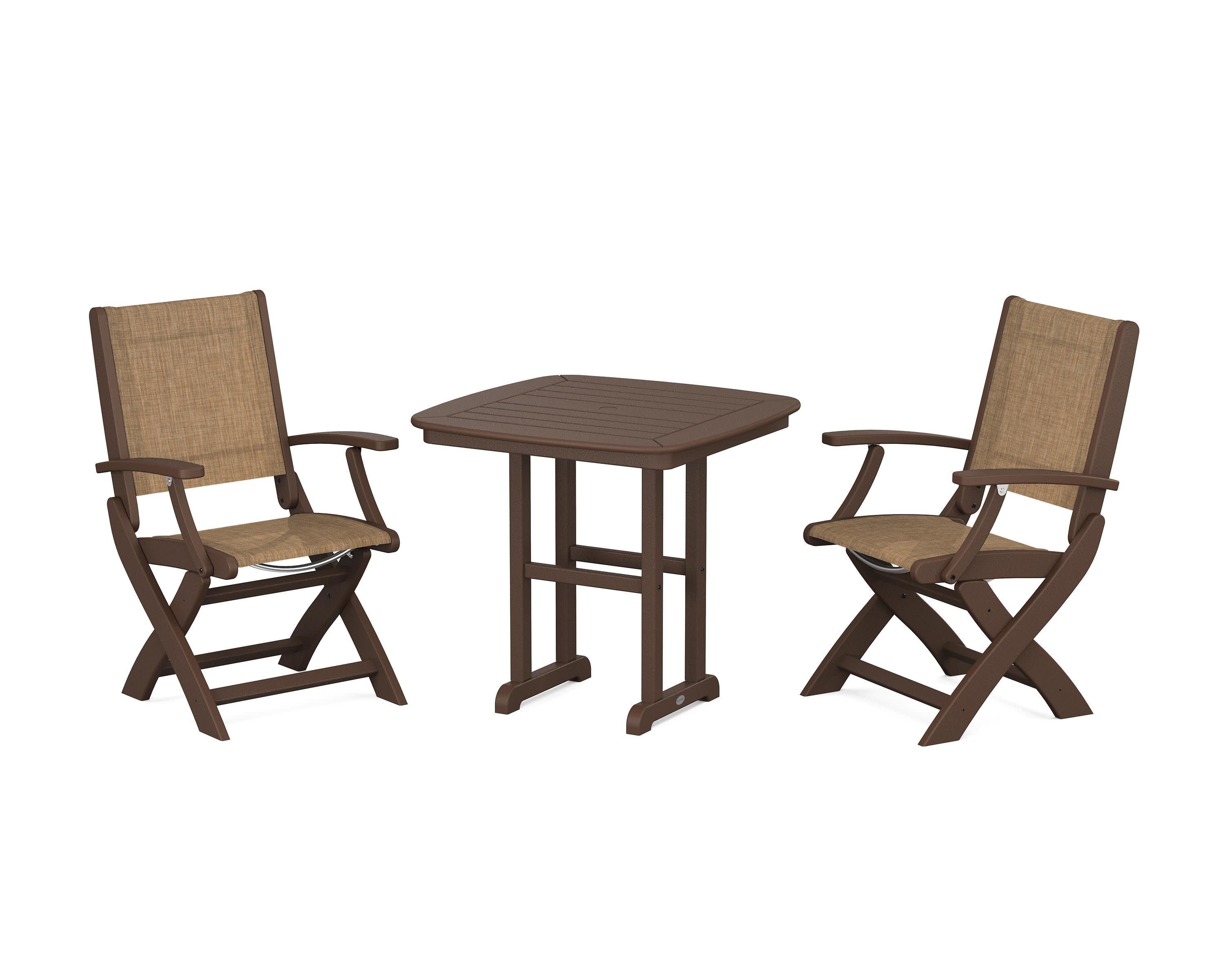 Coastal Folding Chair 3-Piece Dining Set in Mahogany / Burlap Sling