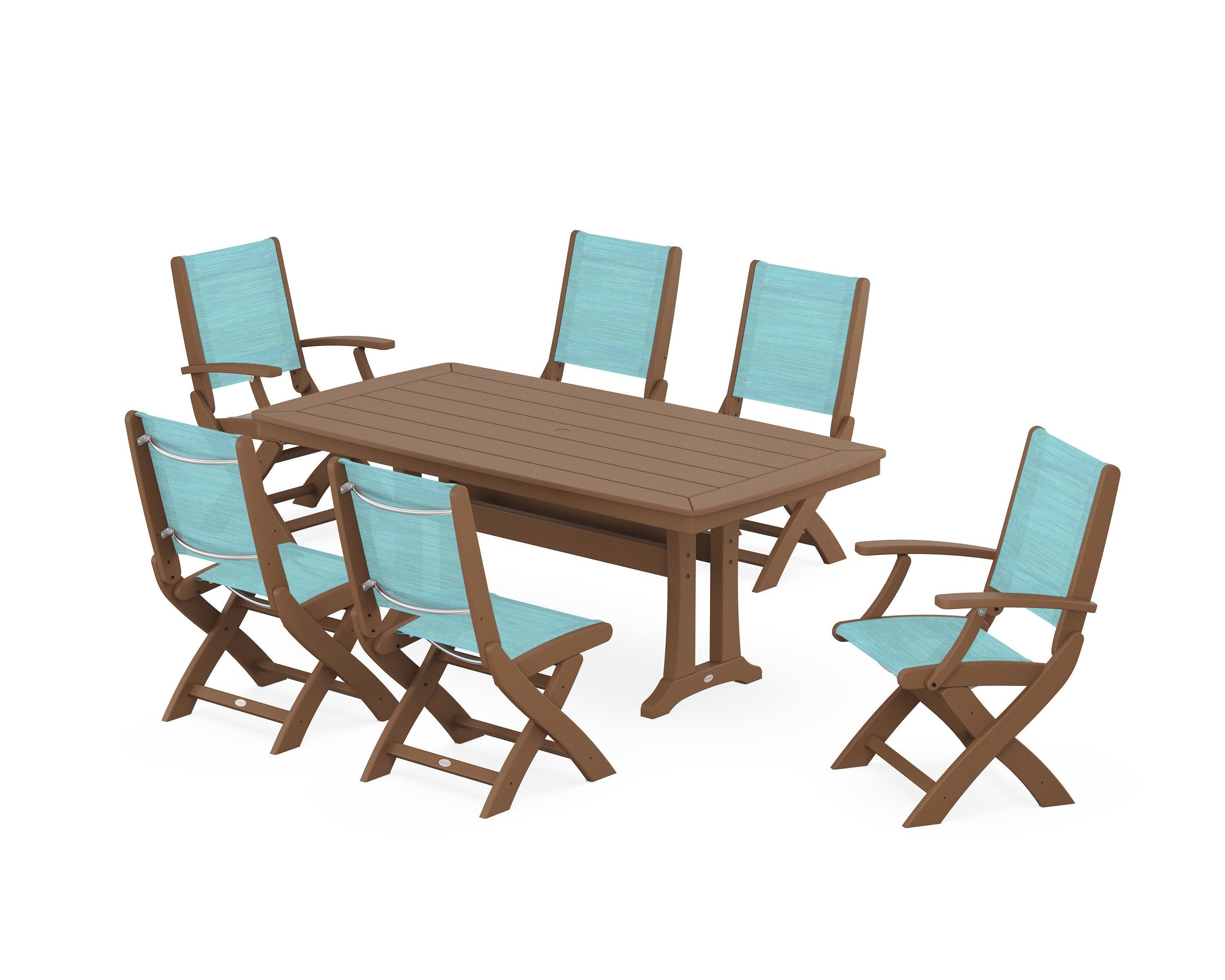 Coastal Folding Chair 7-Piece Dining Set with Trestle Legs in Teak / Dupioni Aquamarine Sling
