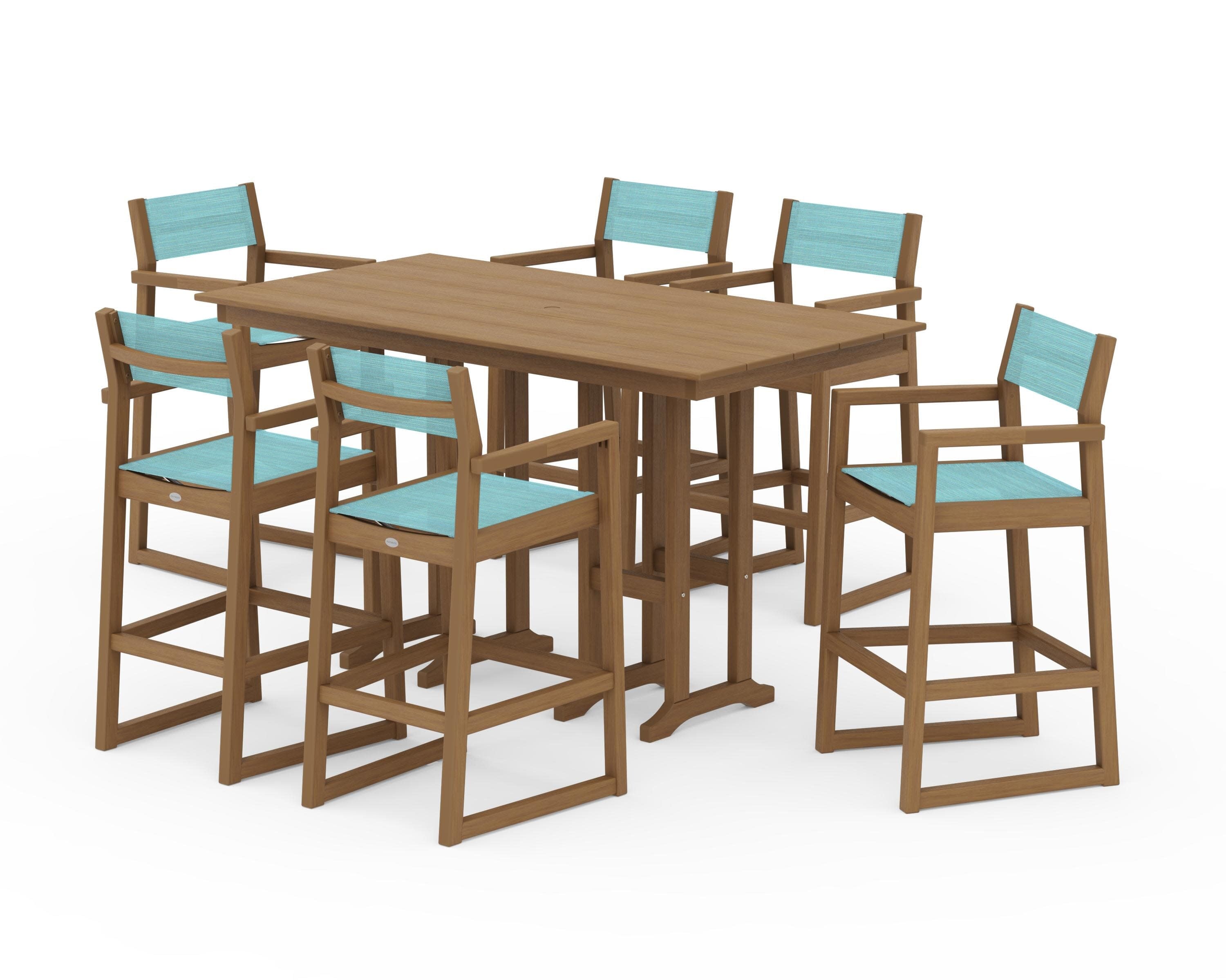 EDGE Sling Arm Chair 7-Piece Farmhouse Bar Set in Natural / Dupioni Aquamarine Sling