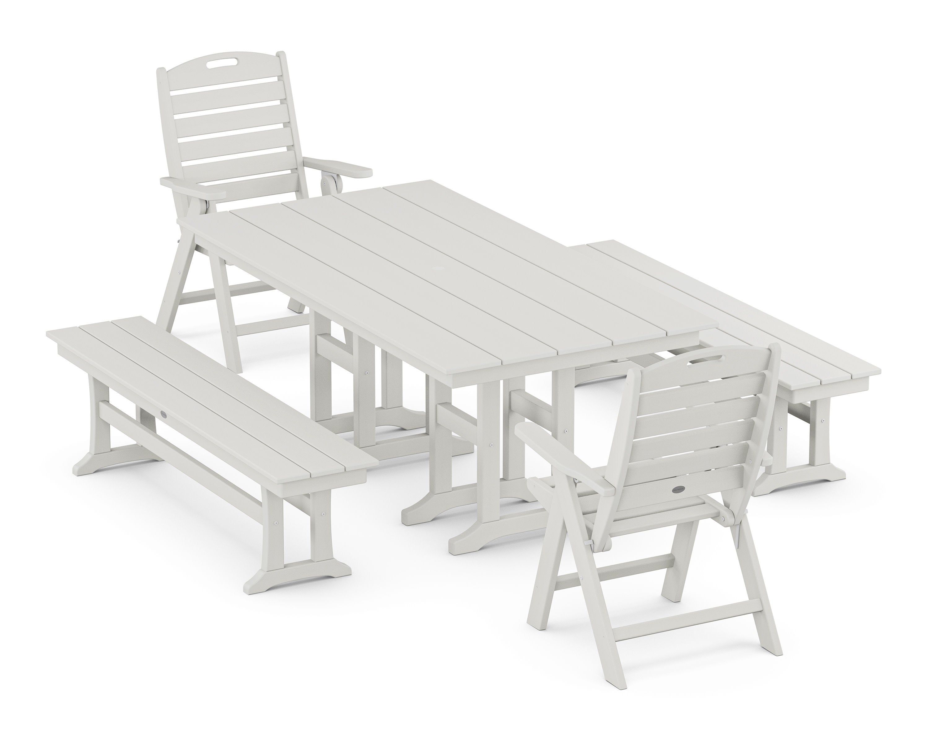 Nautical Highback 5-Piece Farmhouse Dining Set with Benches in Vintage White