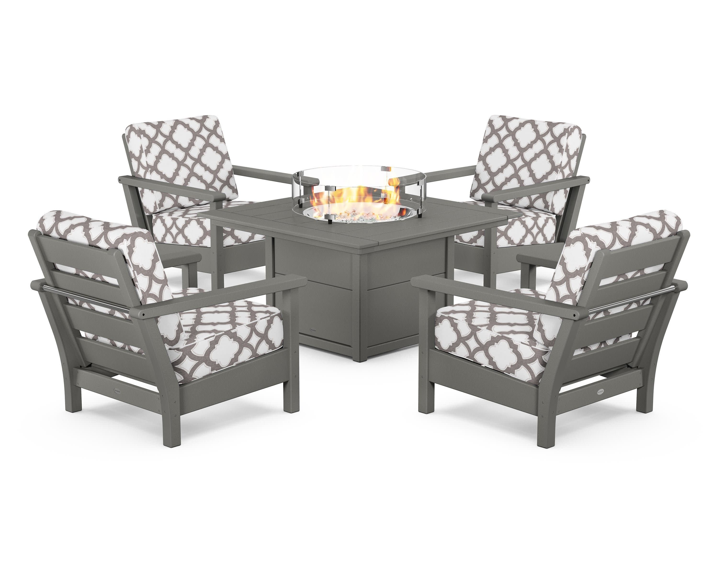 Harbour 5-Piece Conversation Set with Fire Pit Table in Slate Grey / Trellis Grey Mist