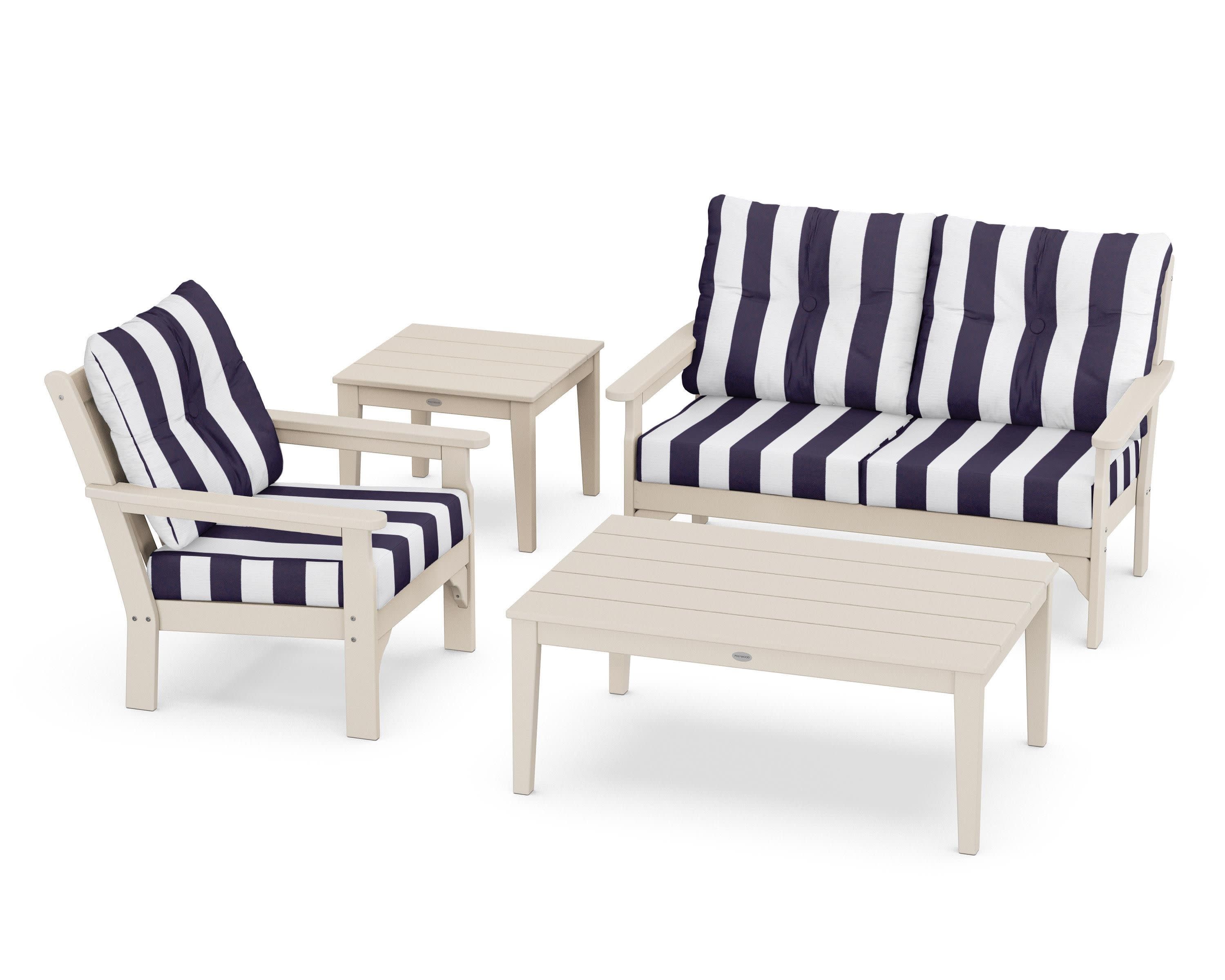 Vineyard 4-Piece Deep Seating Set in Sand / Cabana Stripe Navy
