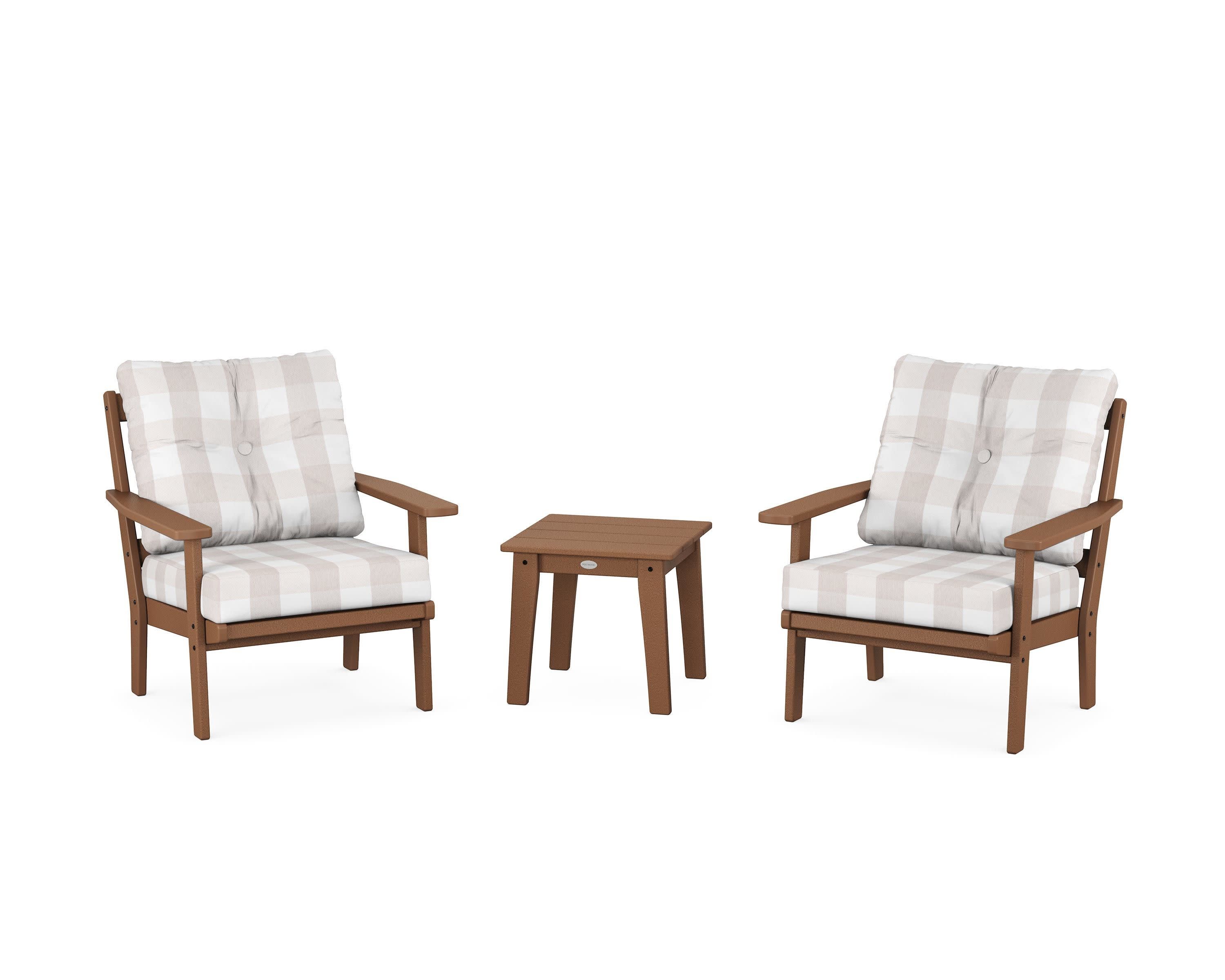 Prairie 3-Piece Deep Seating Set in Teak / Buffalo Plaid Dune Burlap