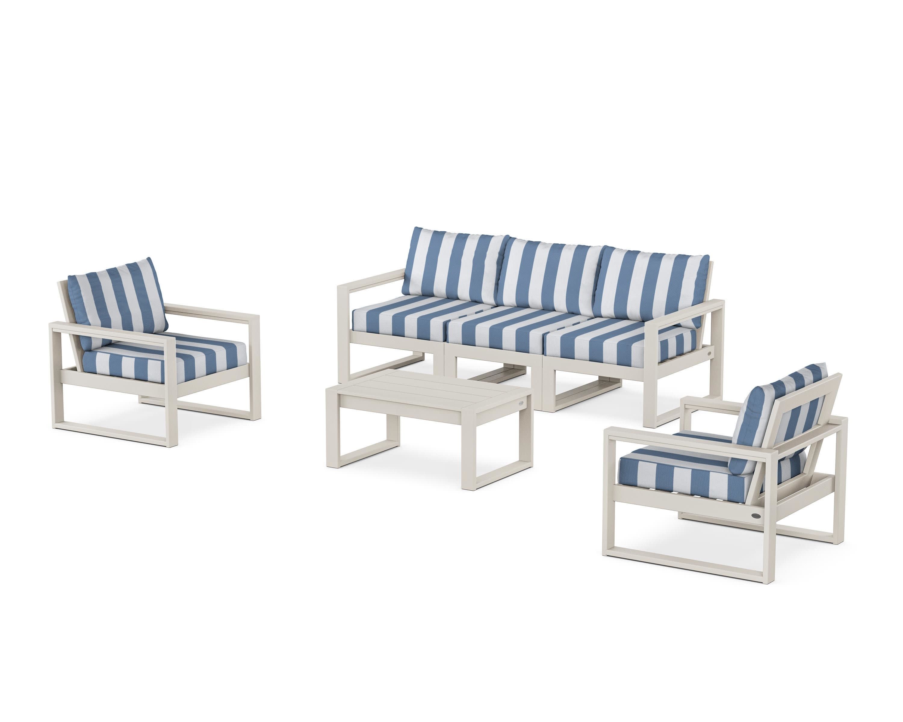 EDGE Sectional 4-Piece Deep Seating Set with Sofa in Sand / Cabana Stripe Sky Blue