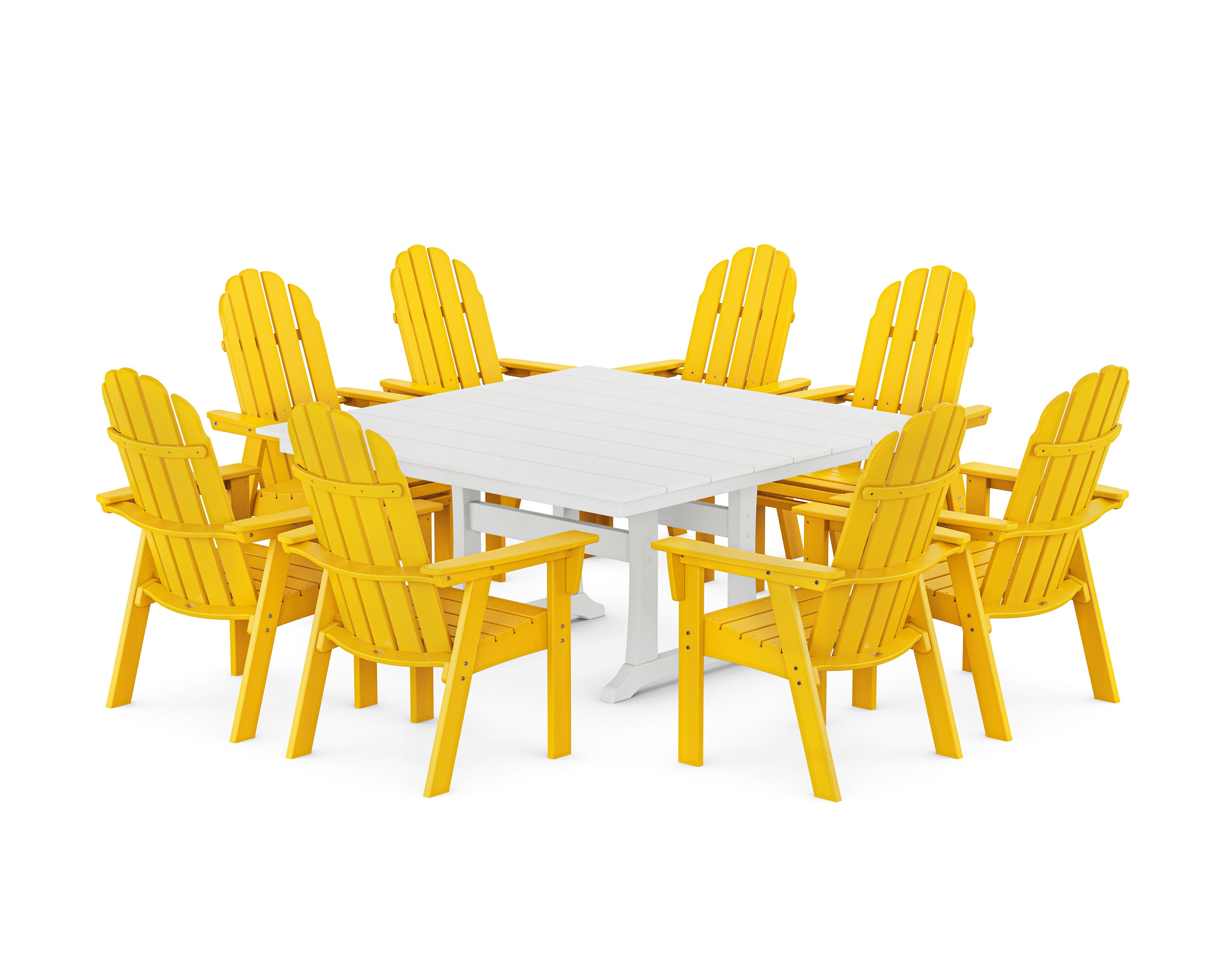 Vineyard Curveback Adirondack 9-Piece Square Farmhouse Dining Set with Trestle Legs in Lemon / White