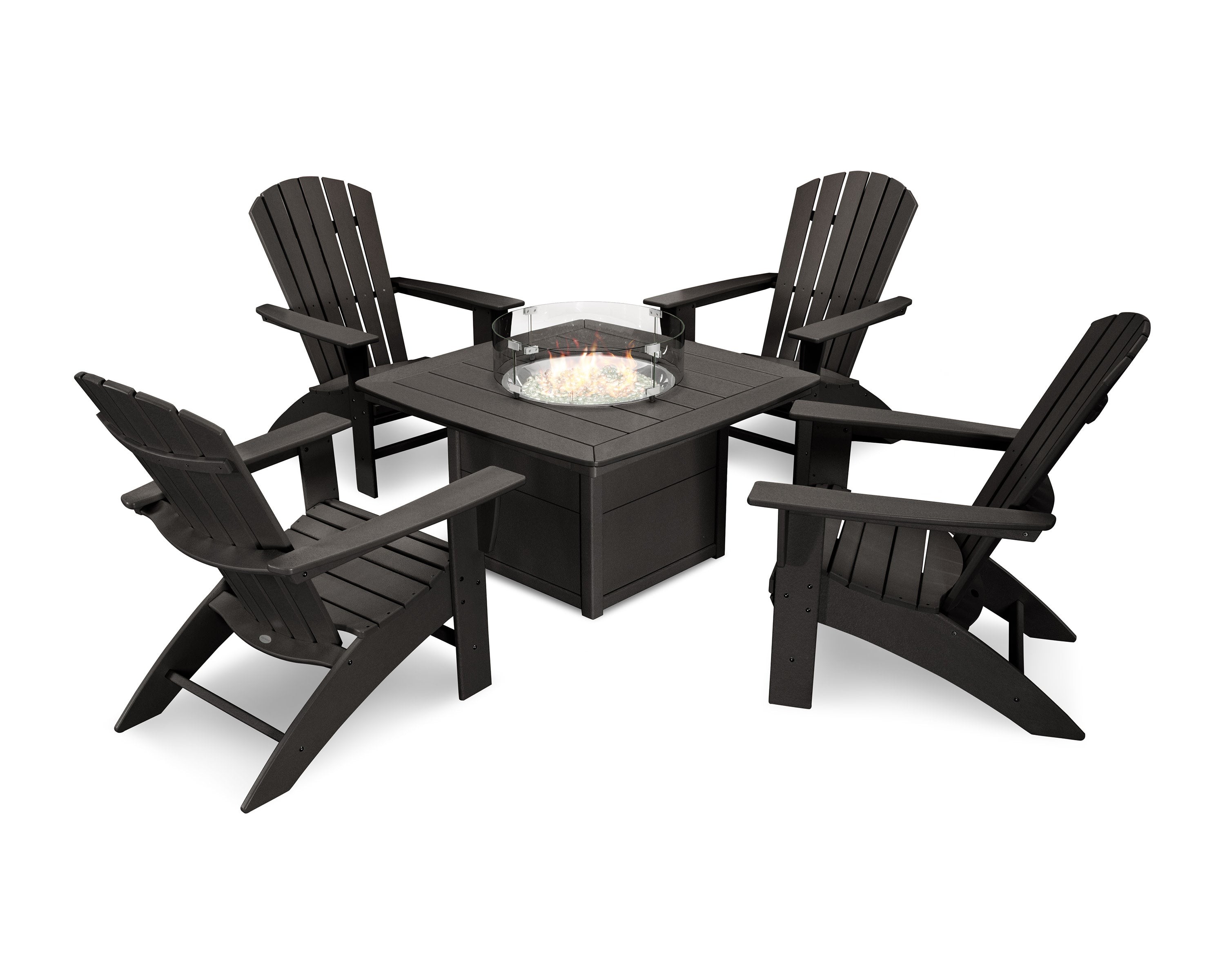 Nautical Curveback Adirondack 5-Piece Conversation Set with Fire Pit Table in Black