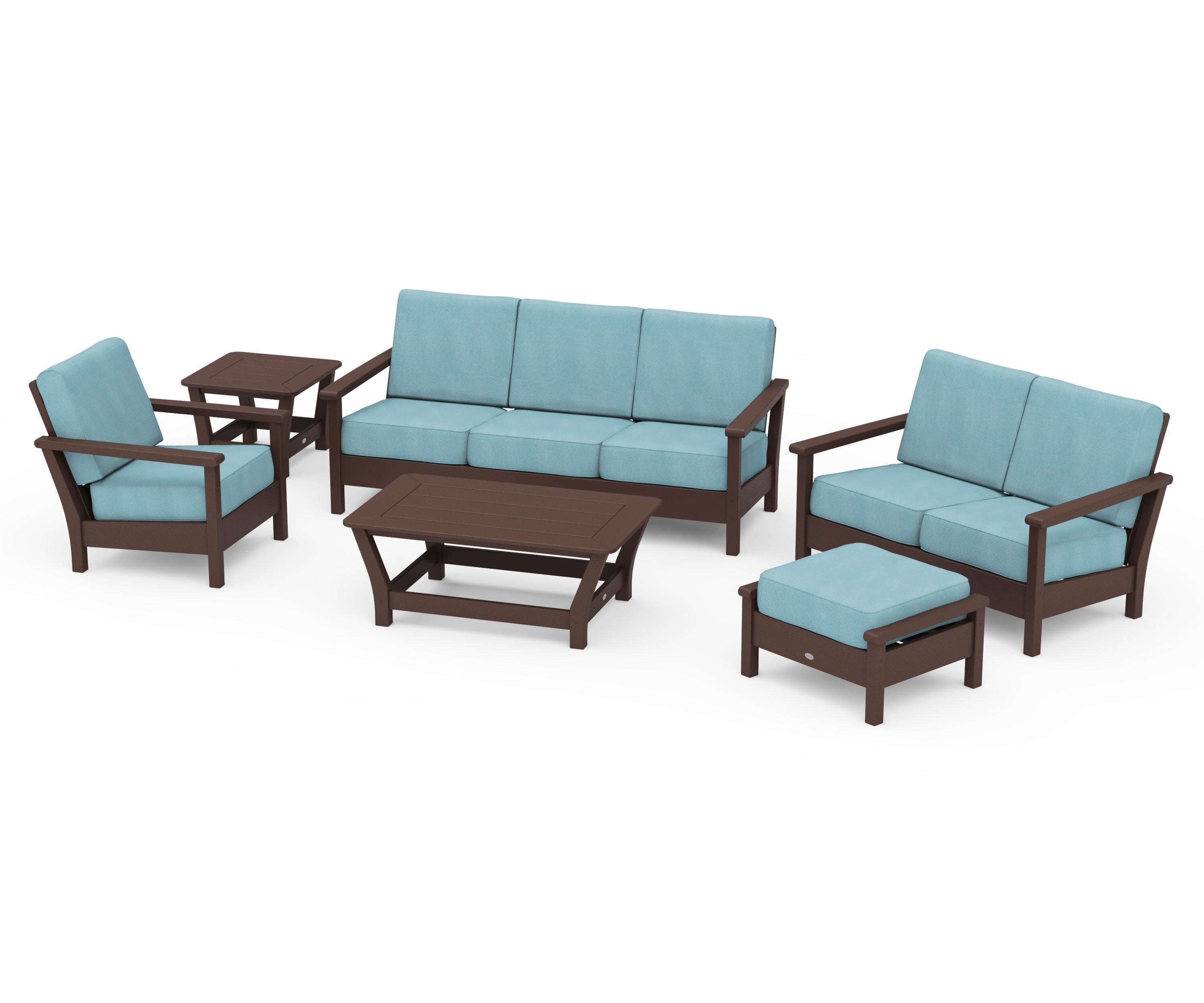 Harbour 6-Piece Outdoor Living Set in Mahogany / Lattice Sky Blue