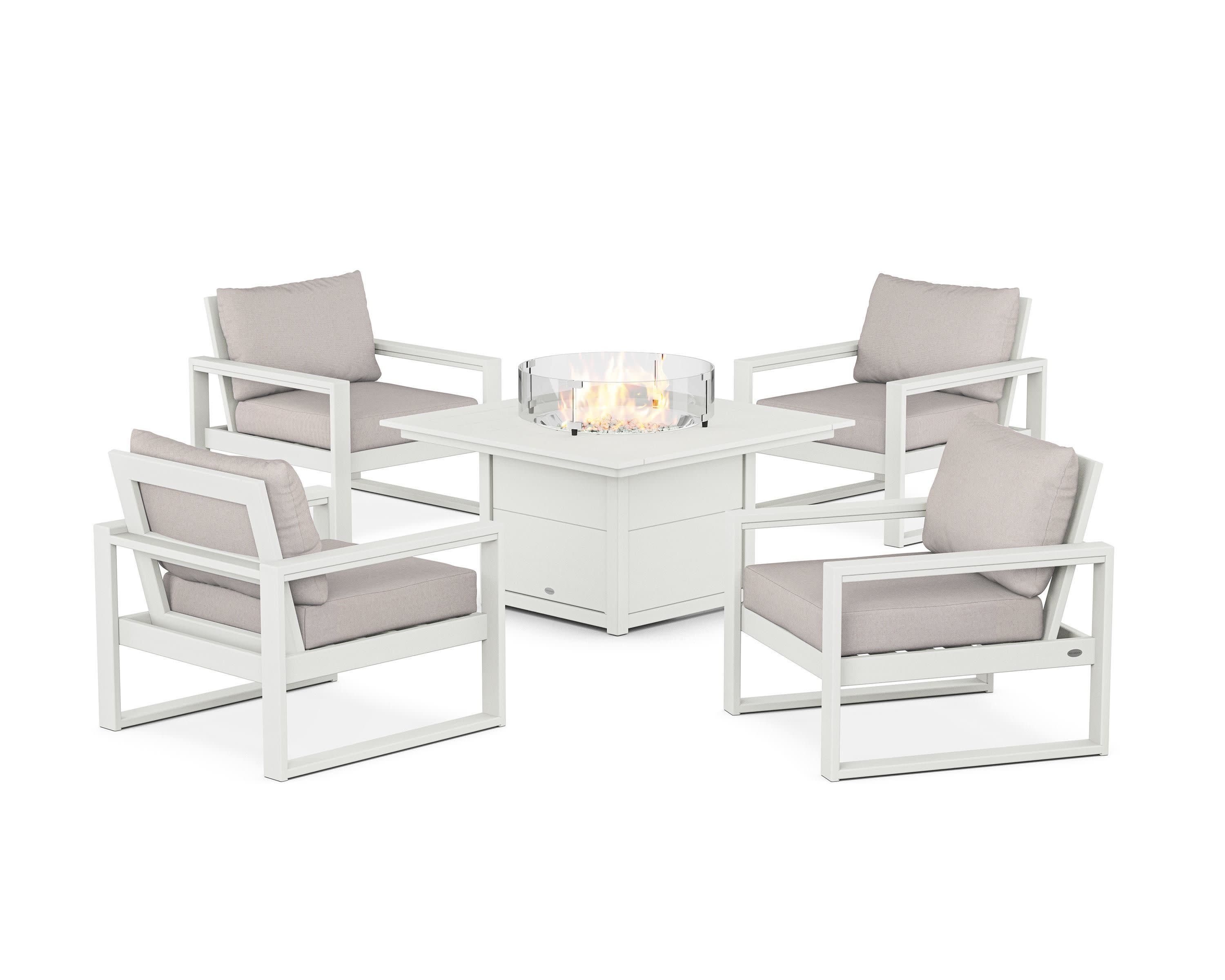 EDGE Sectional 5-Piece Deep Seating Set with Fire Pit Table in Vintage White / Dune Burlap