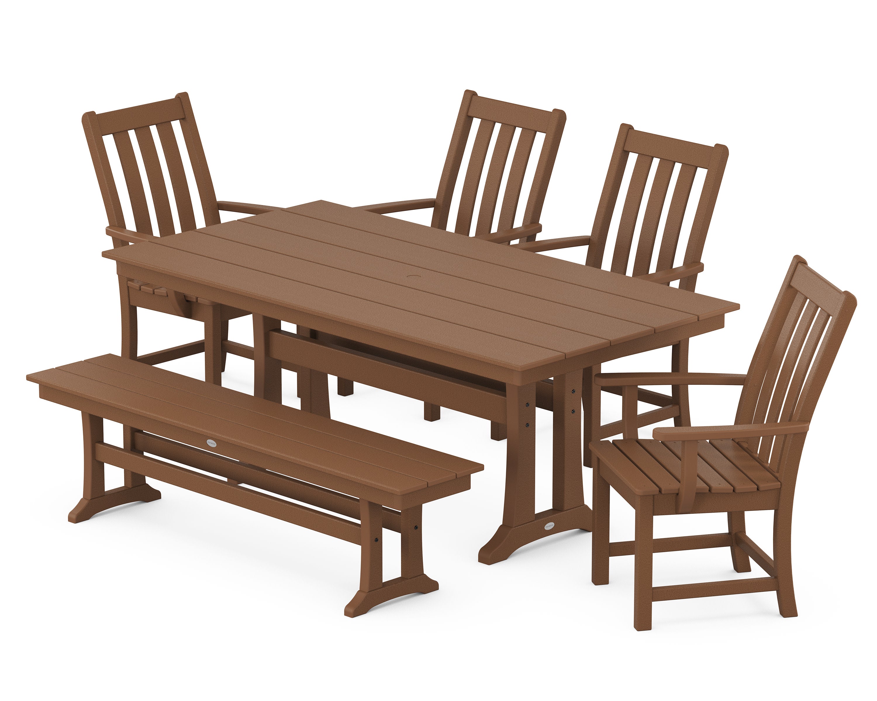 Vineyard 6-Piece Arm Chair Farmhouse Dining Set with Trestle Legs and Bench in Teak