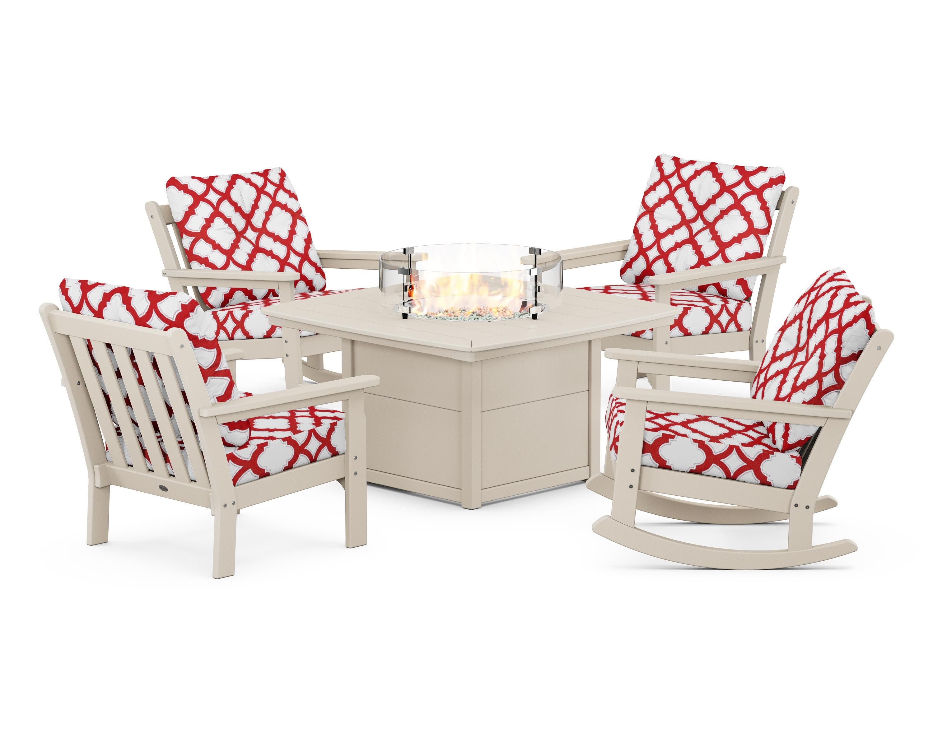 Vineyard 5-Piece Deep Seating Rocking Chair Conversation Set with Fire Pit Table in Sand / Trellis Crimson