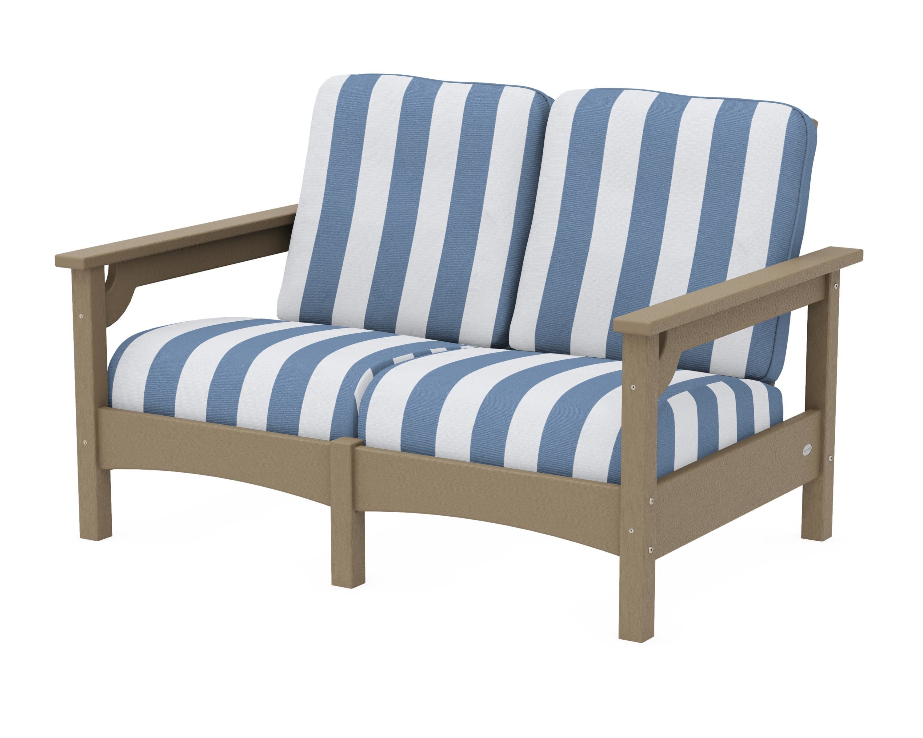 Club Loveseat in Vintage Sahara / Cabana Stripe Sky Blue