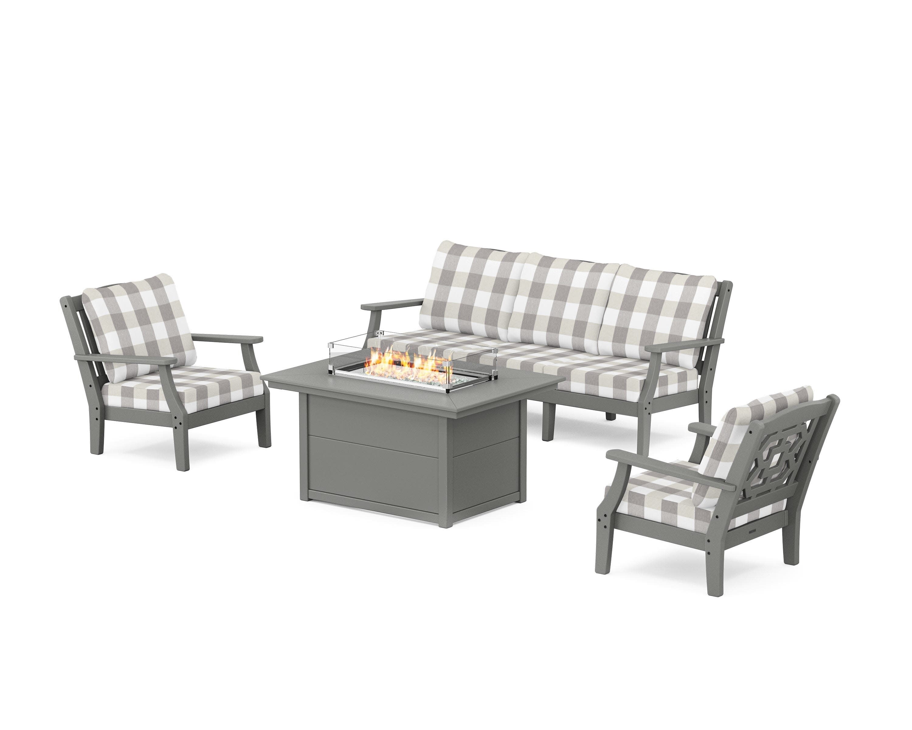 Chinoiserie Deep Seating Fire Pit Table Set in Slate Grey / Buffalo Plaid Grey Mist