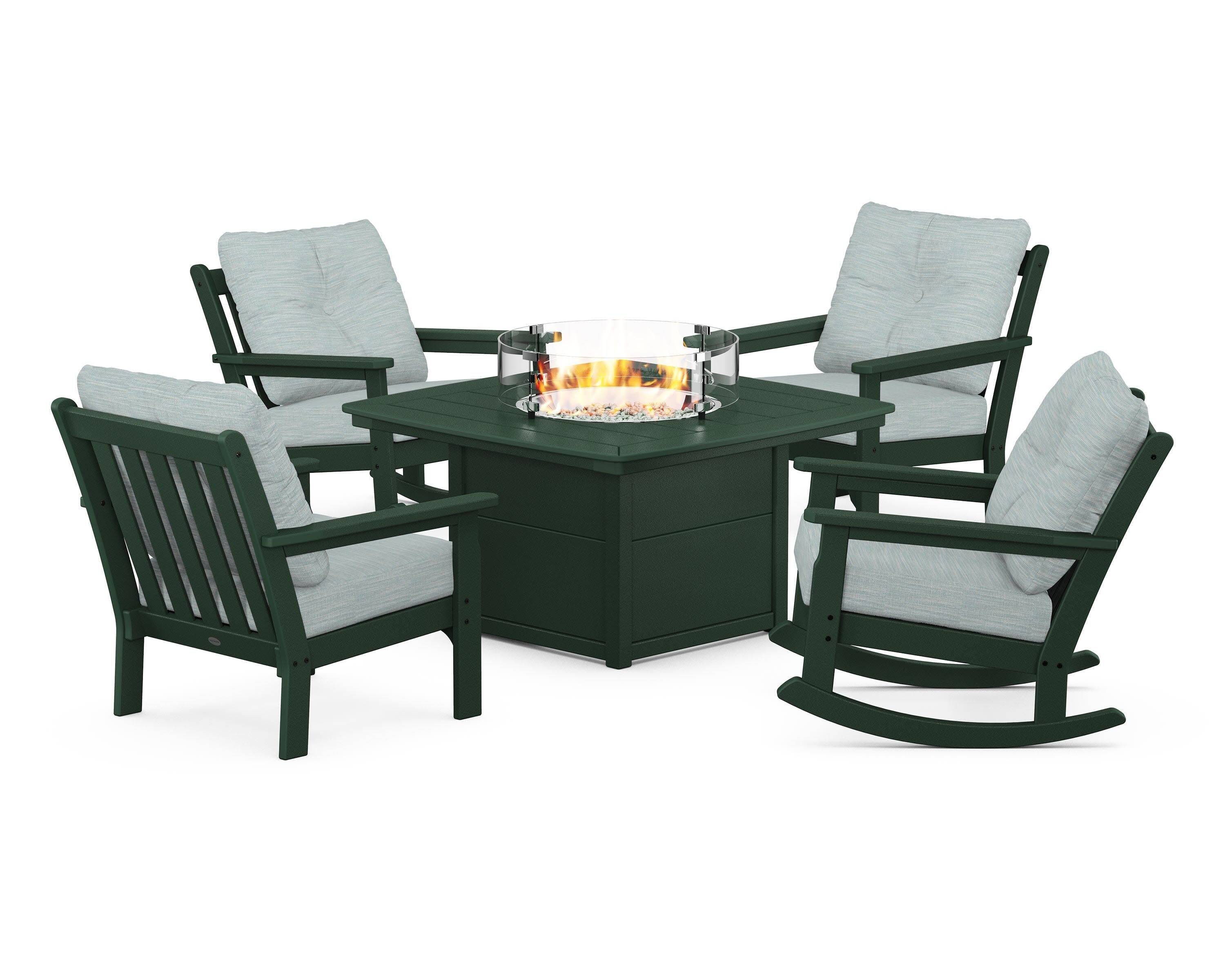 Vineyard 5-Piece Deep Seating Rocking Chair Conversation Set with Fire Pit Table in Green / Soothe Mist