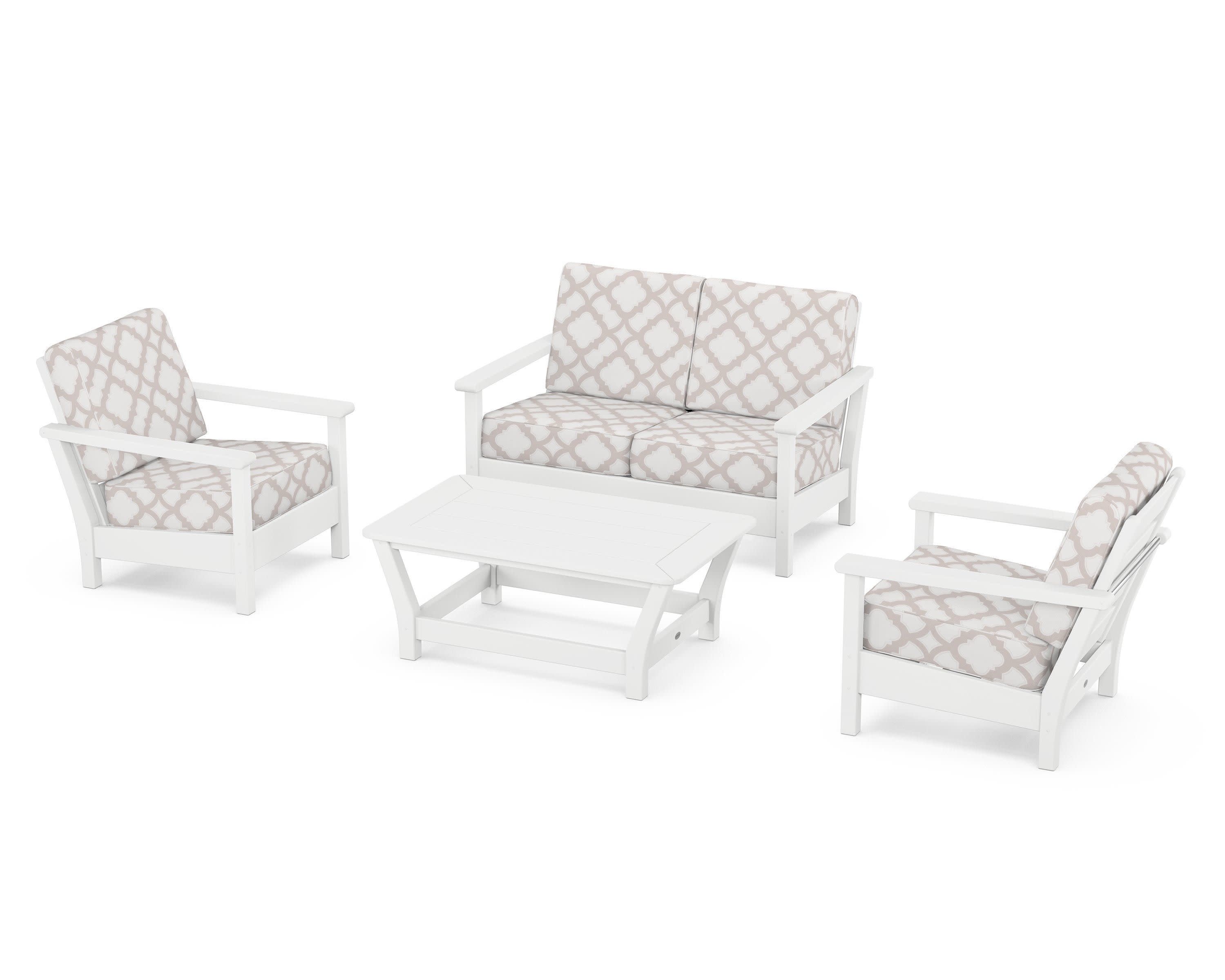 Harbour 4-Piece Deep Seating Set in White / Trellis Dune Burlap