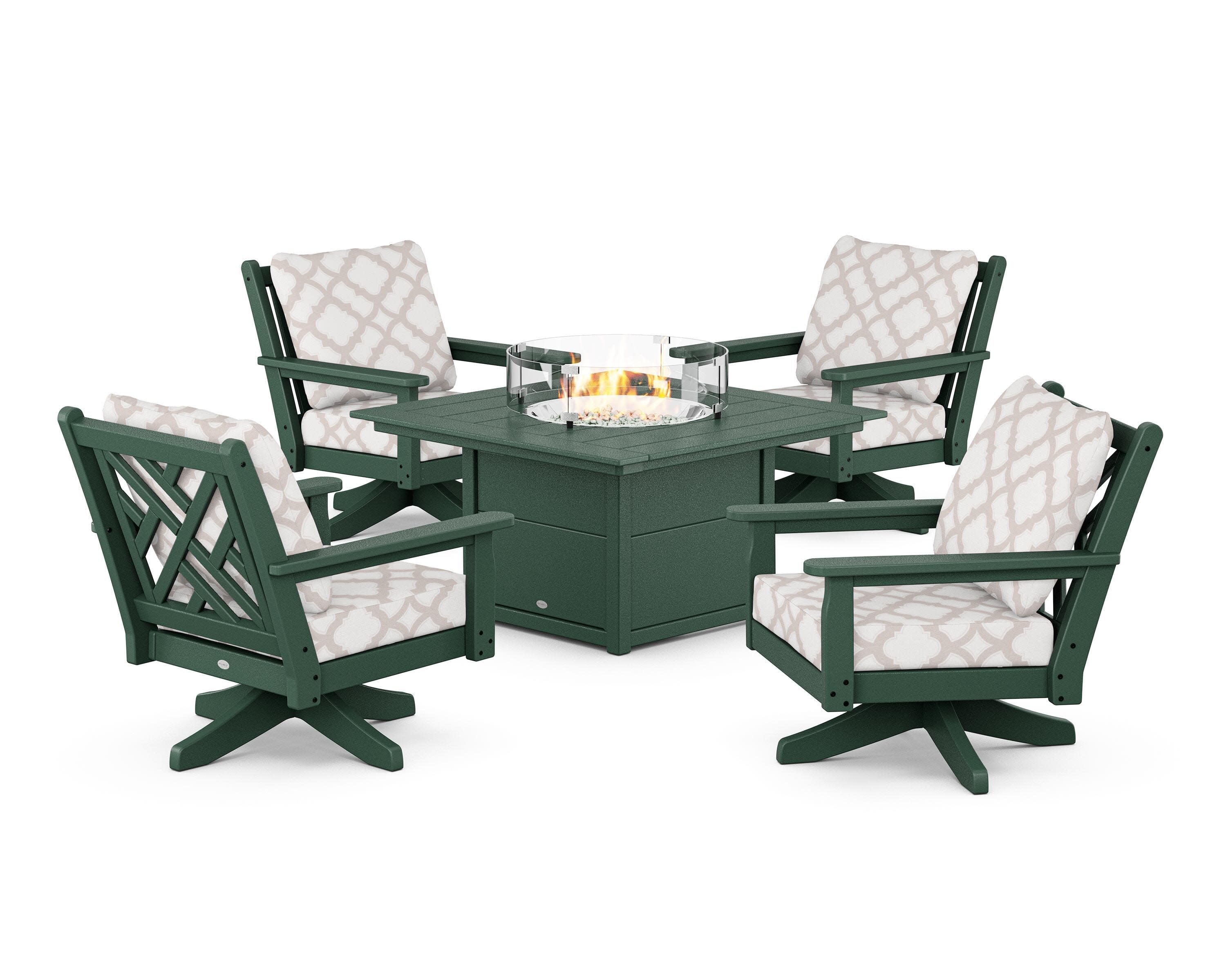 Chippendale 5-Piece Deep Seating Swivel Conversation Set with Fire Pit Table in Green / Trellis Dune Burlap