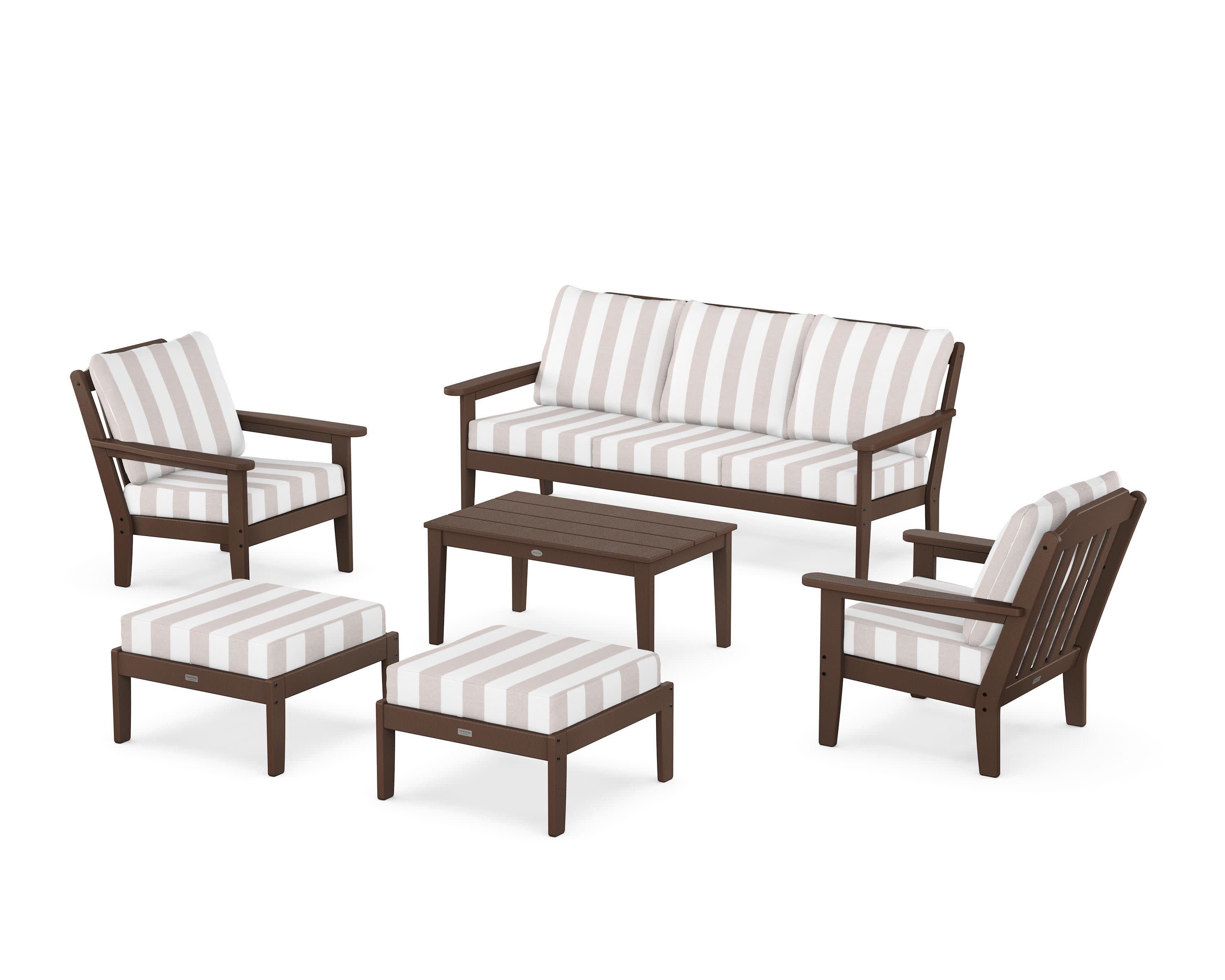 Cottage 6-Piece Lounge Sofa Set in Mahogany / Cabana Stripe Dune Burlap