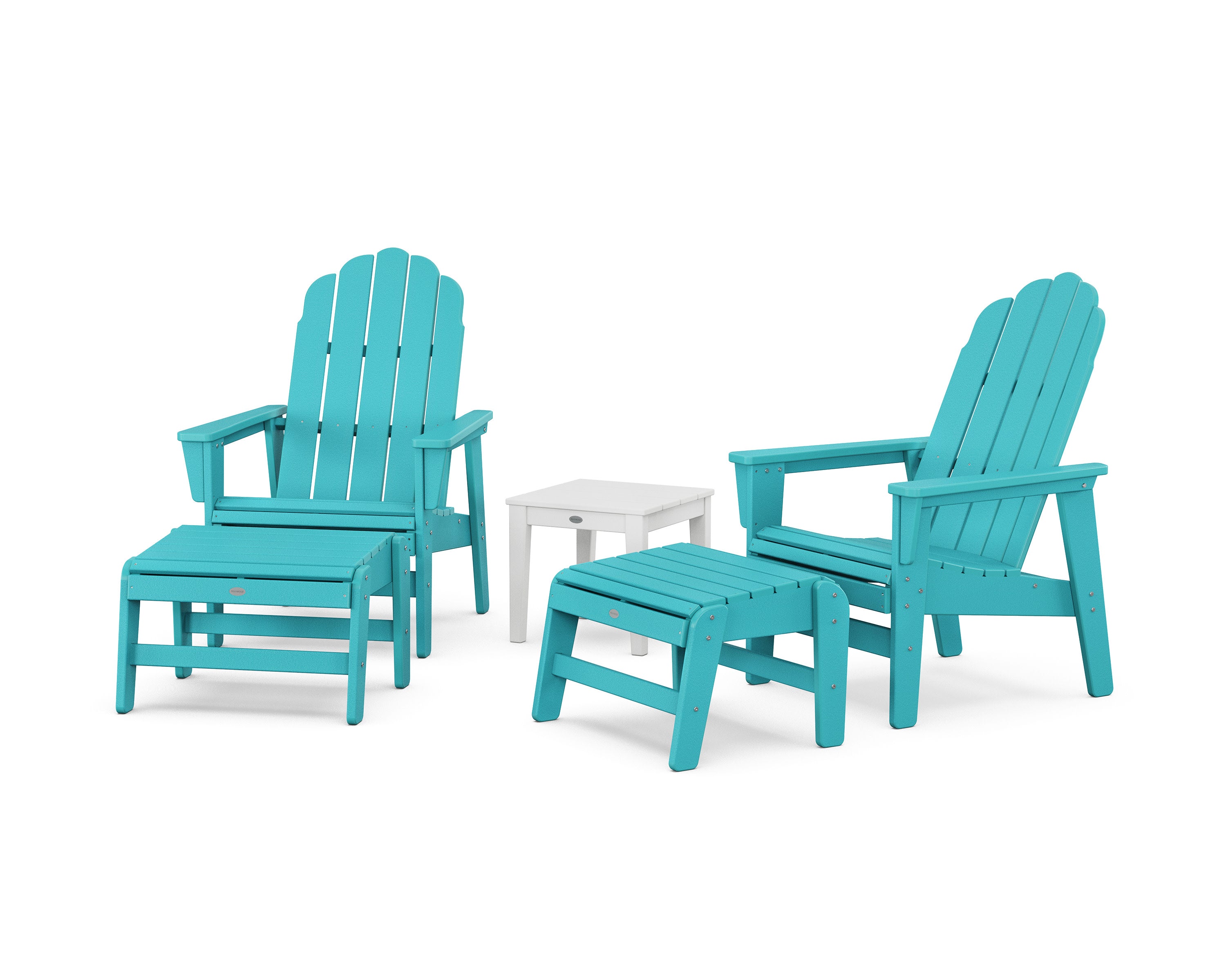 5-Piece Vineyard Grand Upright Adirondack Set with Ottomans and Side Table in Aruba / White
