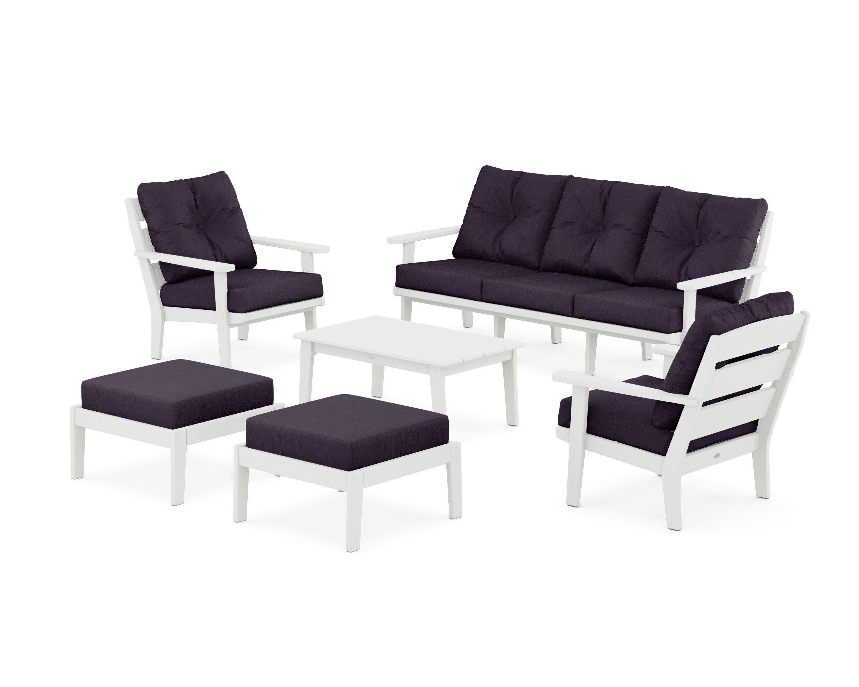 Lakeside 6-Piece Lounge Sofa Set in Vintage White / Navy Linen