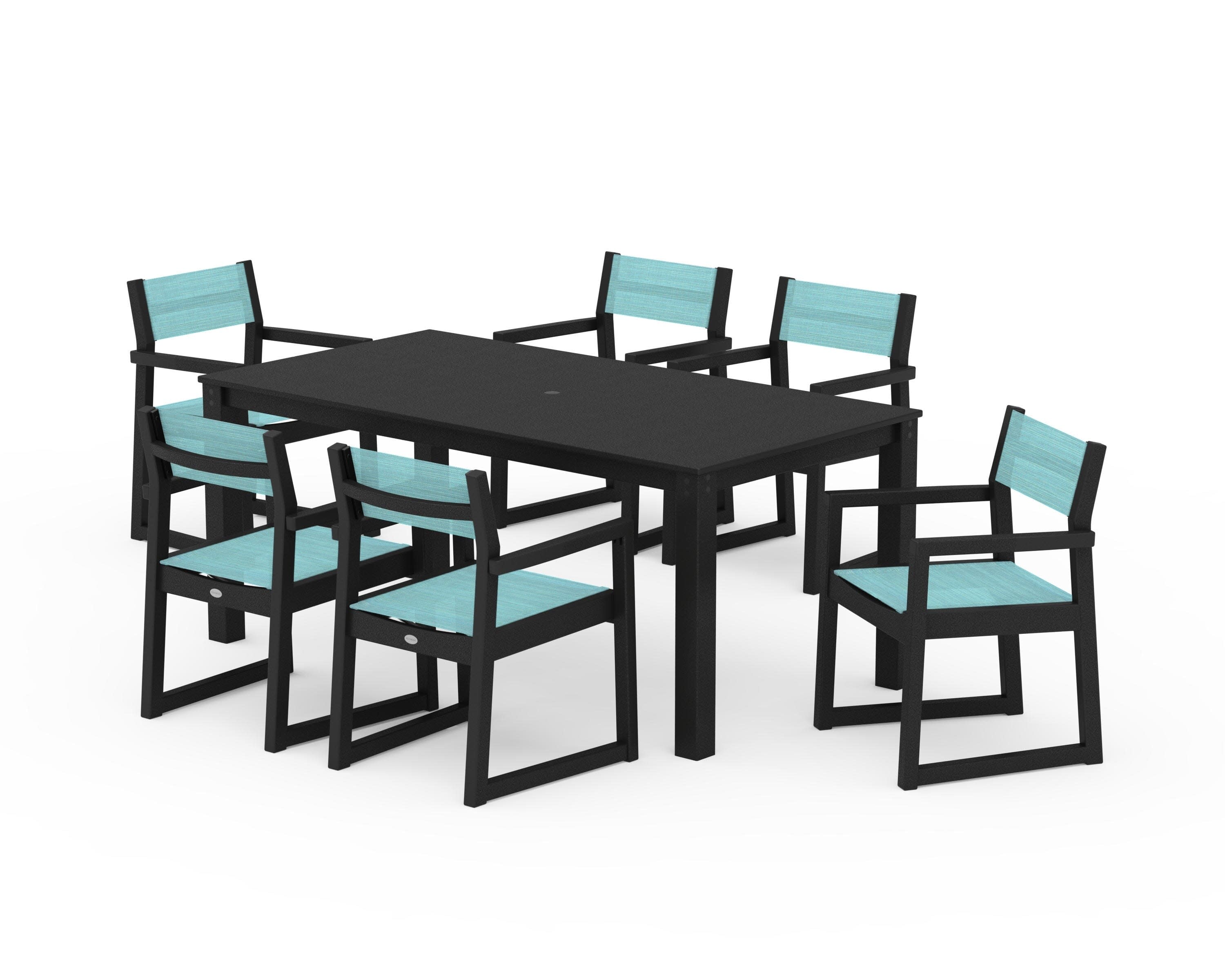EDGE Sling Arm Chair 7-Piece Parsons Dining Set in Black / Dupioni Aquamarine Sling