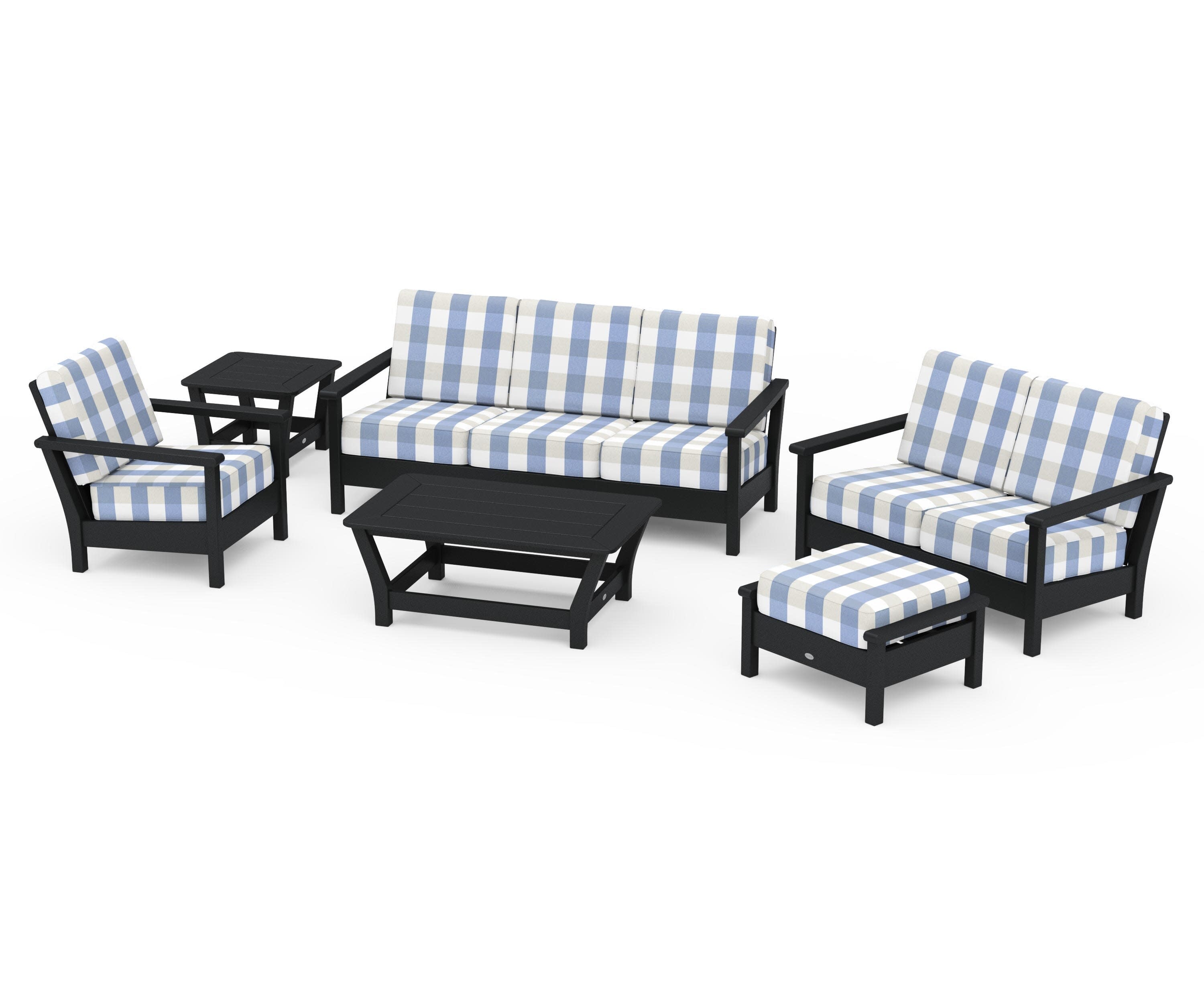Harbour 6-Piece Outdoor Living Set in Black / Buffalo Plaid Sky Blue