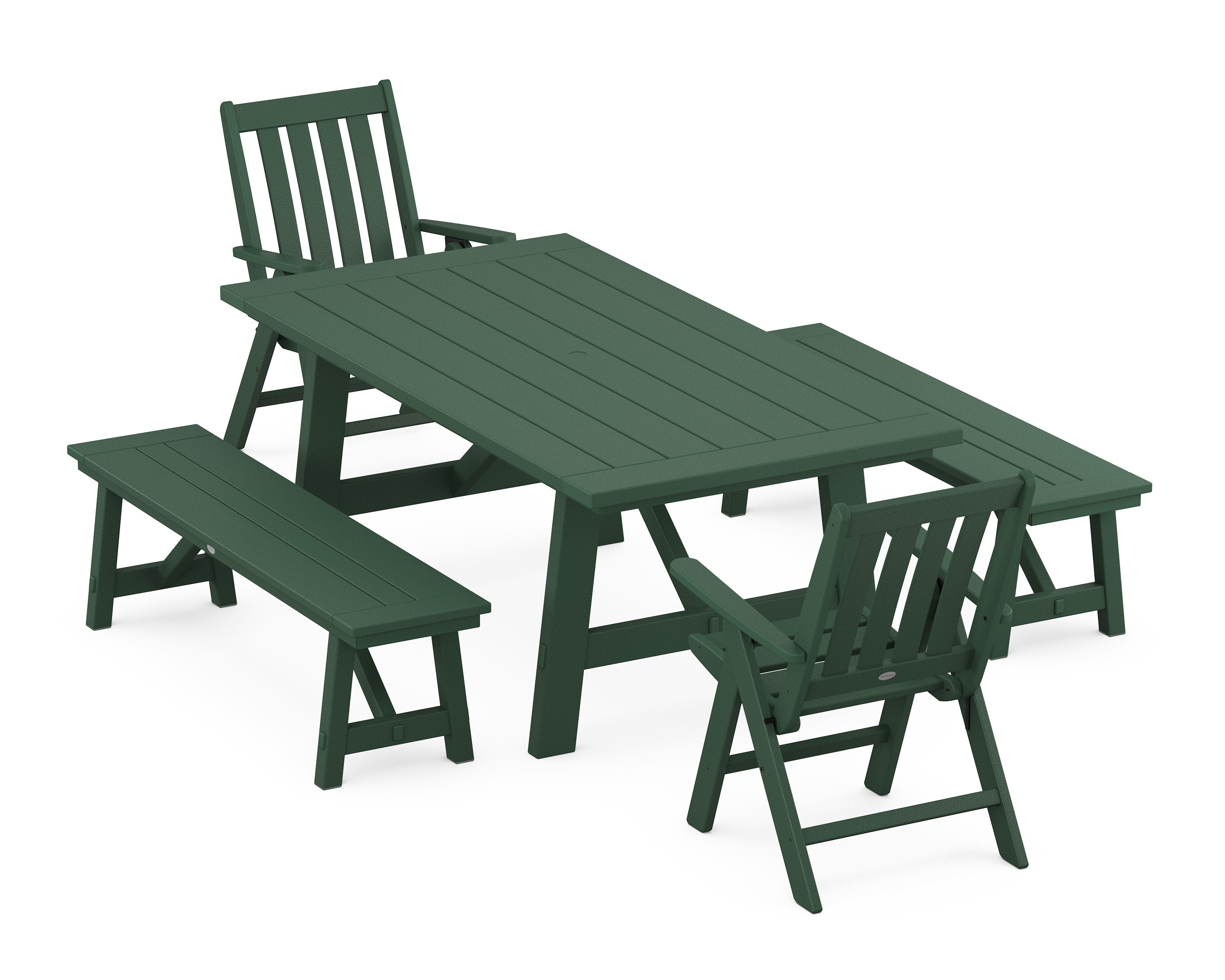 Vineyard Folding Chair 5-Piece Rustic Farmhouse Dining Set With Benches in Green