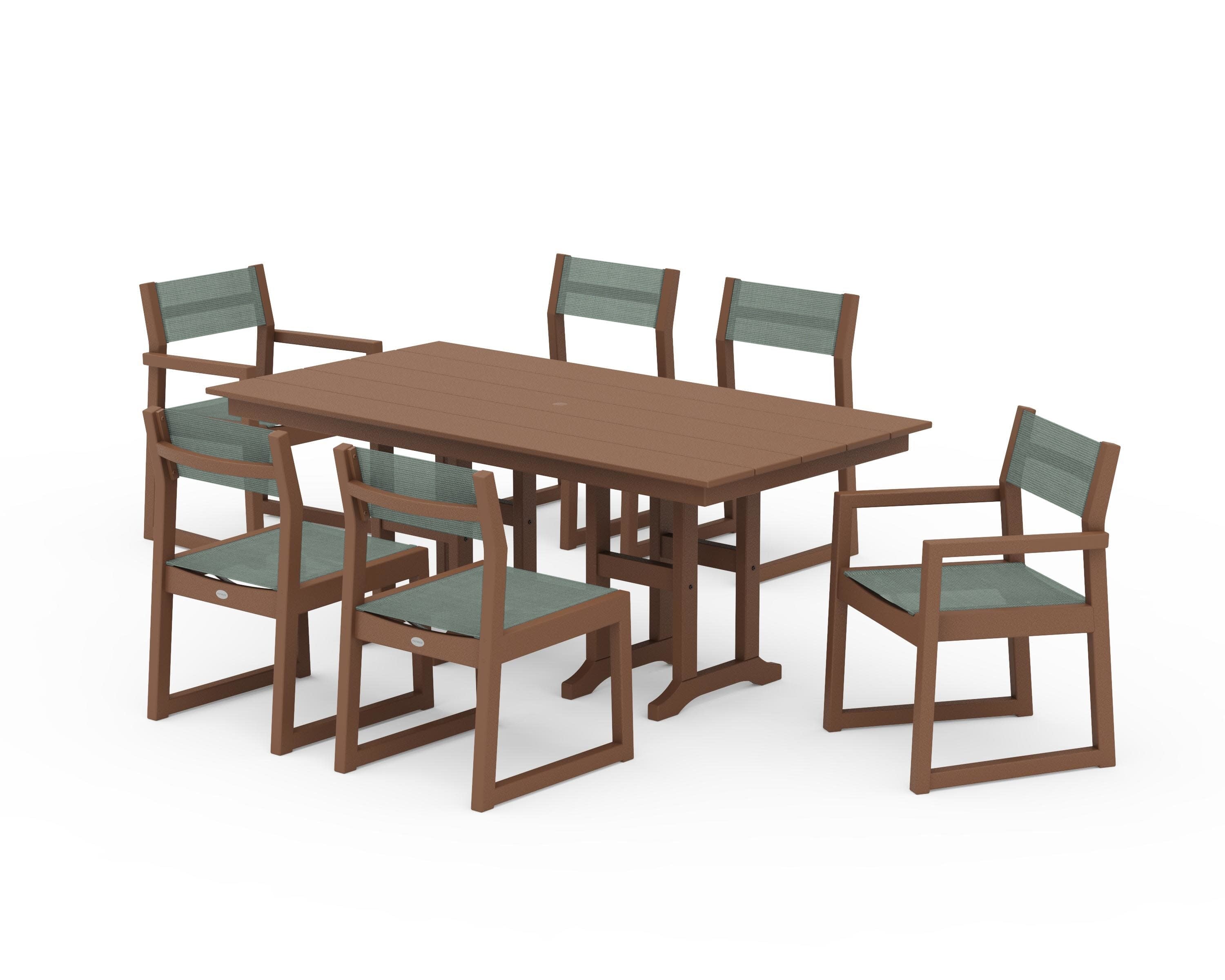 EDGE Sling 7-Piece Farmhouse Dining Set in Teak / Dupioni Sea Mist Sling
