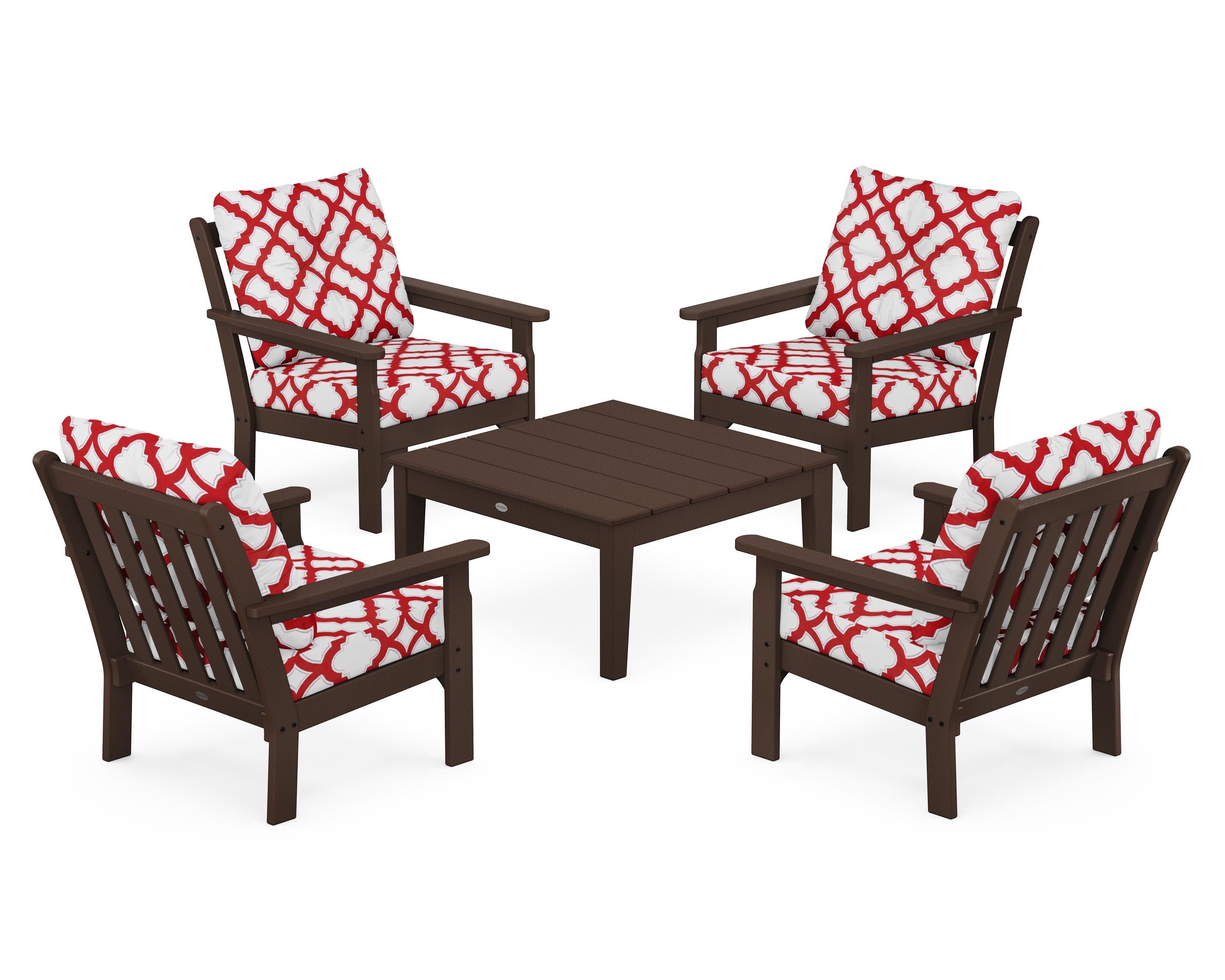 Vineyard 5-Piece Deep Seating Conversation Set in Mahogany / Trellis Crimson