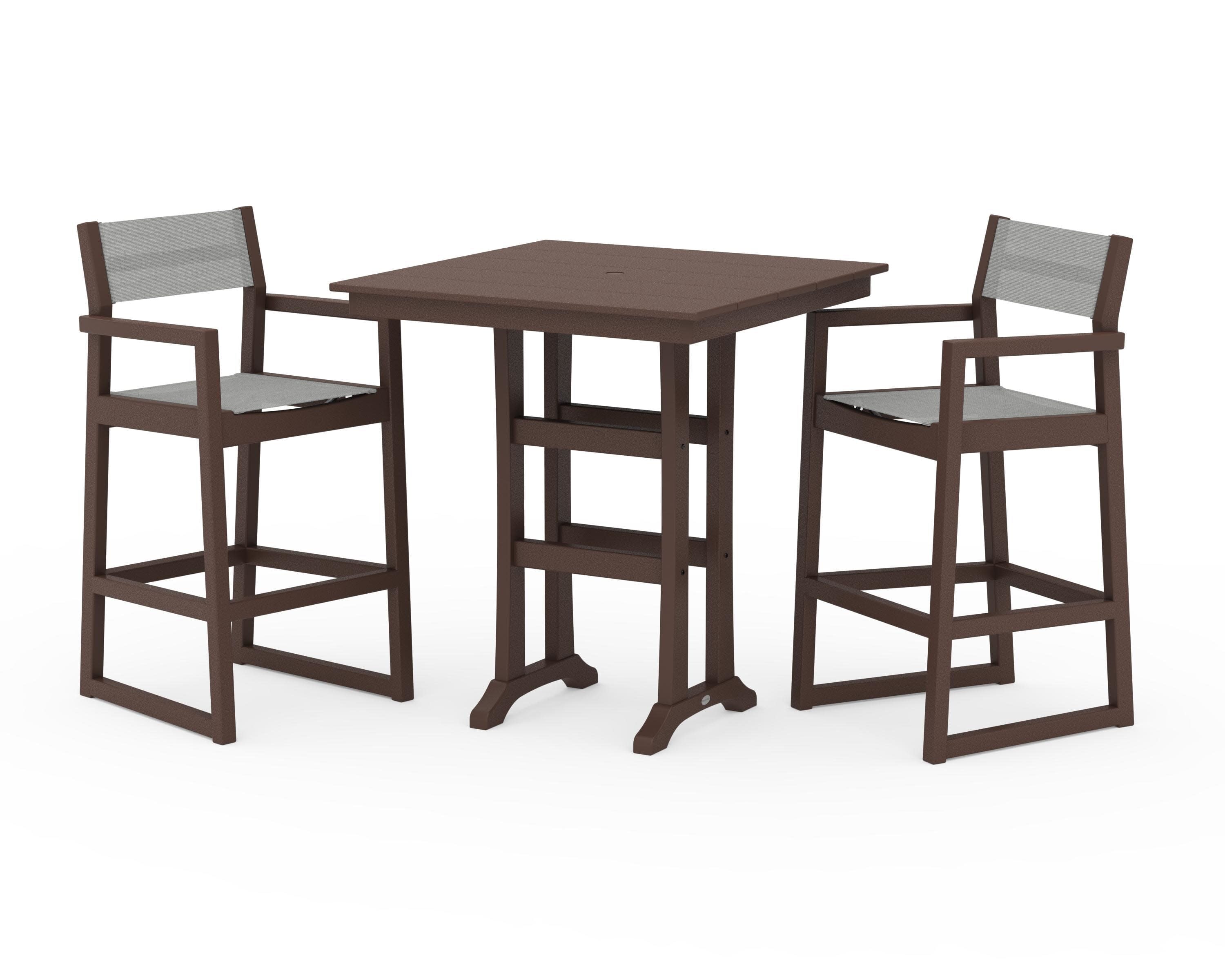 EDGE Sling Arm Chair 3-Piece Farmhouse Bar Set with Trestle Legs in Mahogany / Metallic Sling