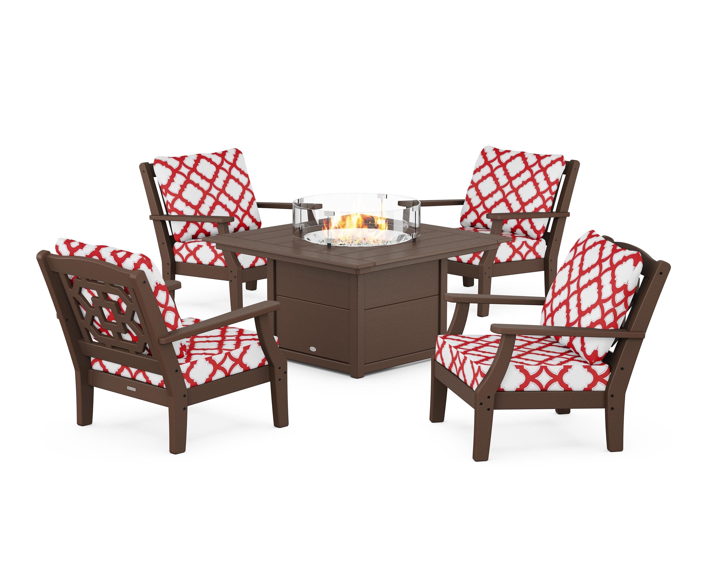 Chinoiserie 5-Piece Deep Seating Set with Fire Pit Table in Mahogany / Trellis Crimson