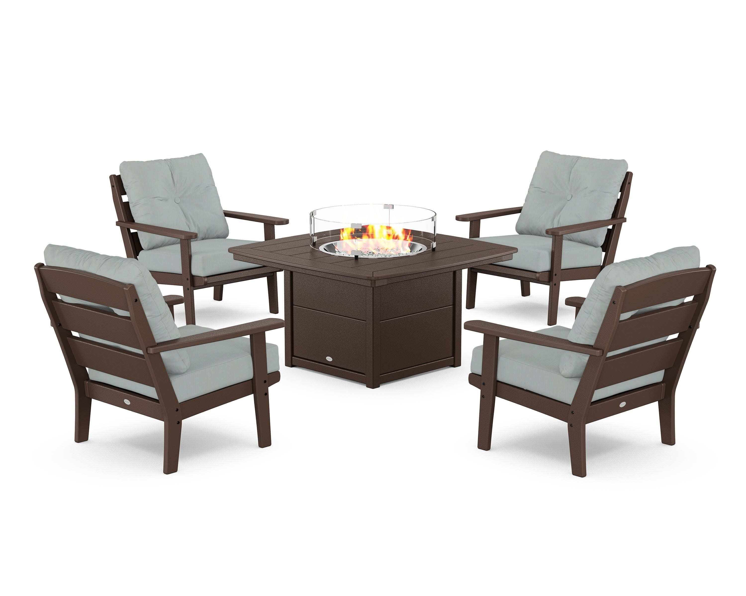 Lakeside 5-Piece Deep Seating Set with Nautical Fire Pit Table in Mahogany / Spa