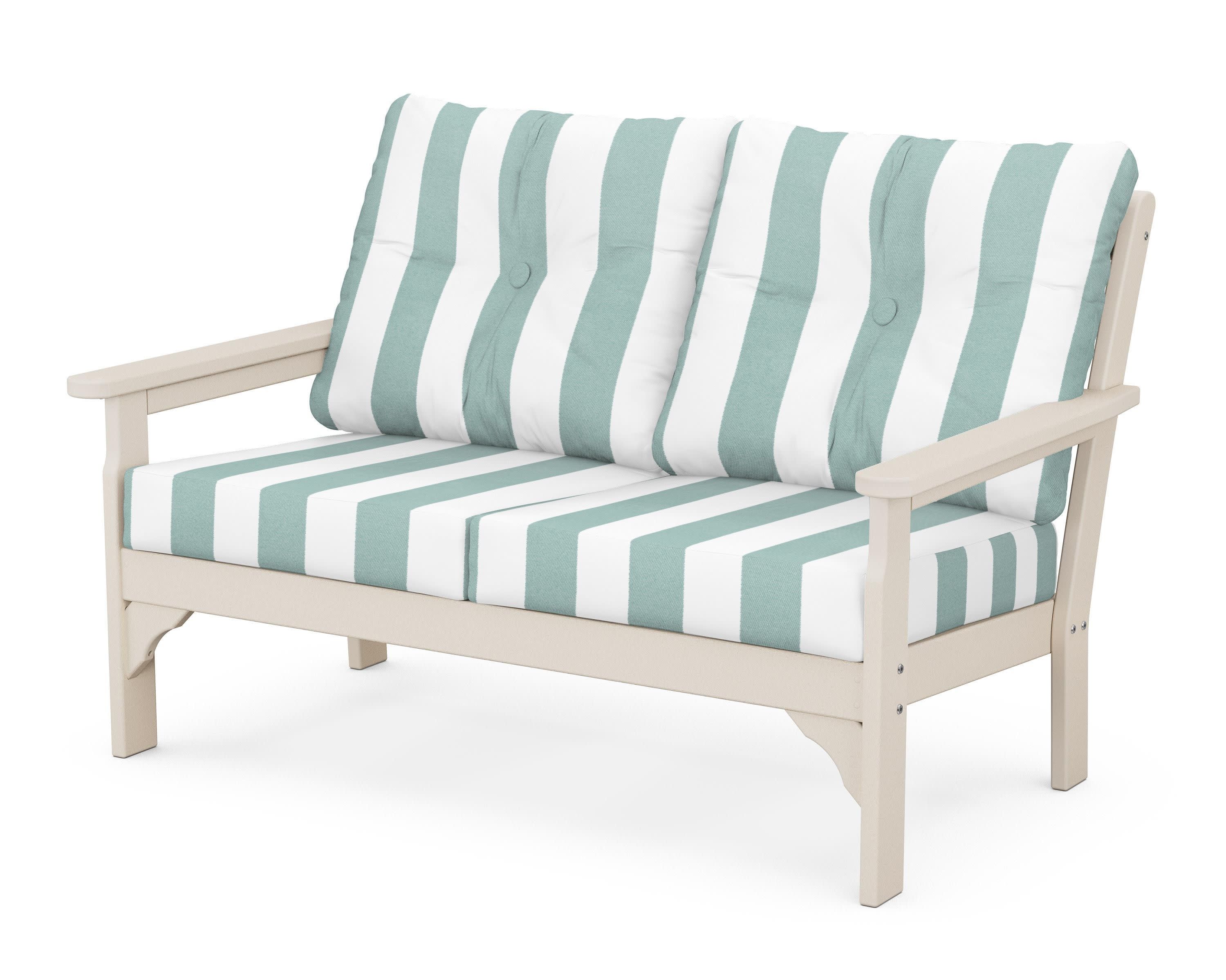 Vineyard Deep Seating Loveseat in Sand / Cabana Stripe Glacier Spa
