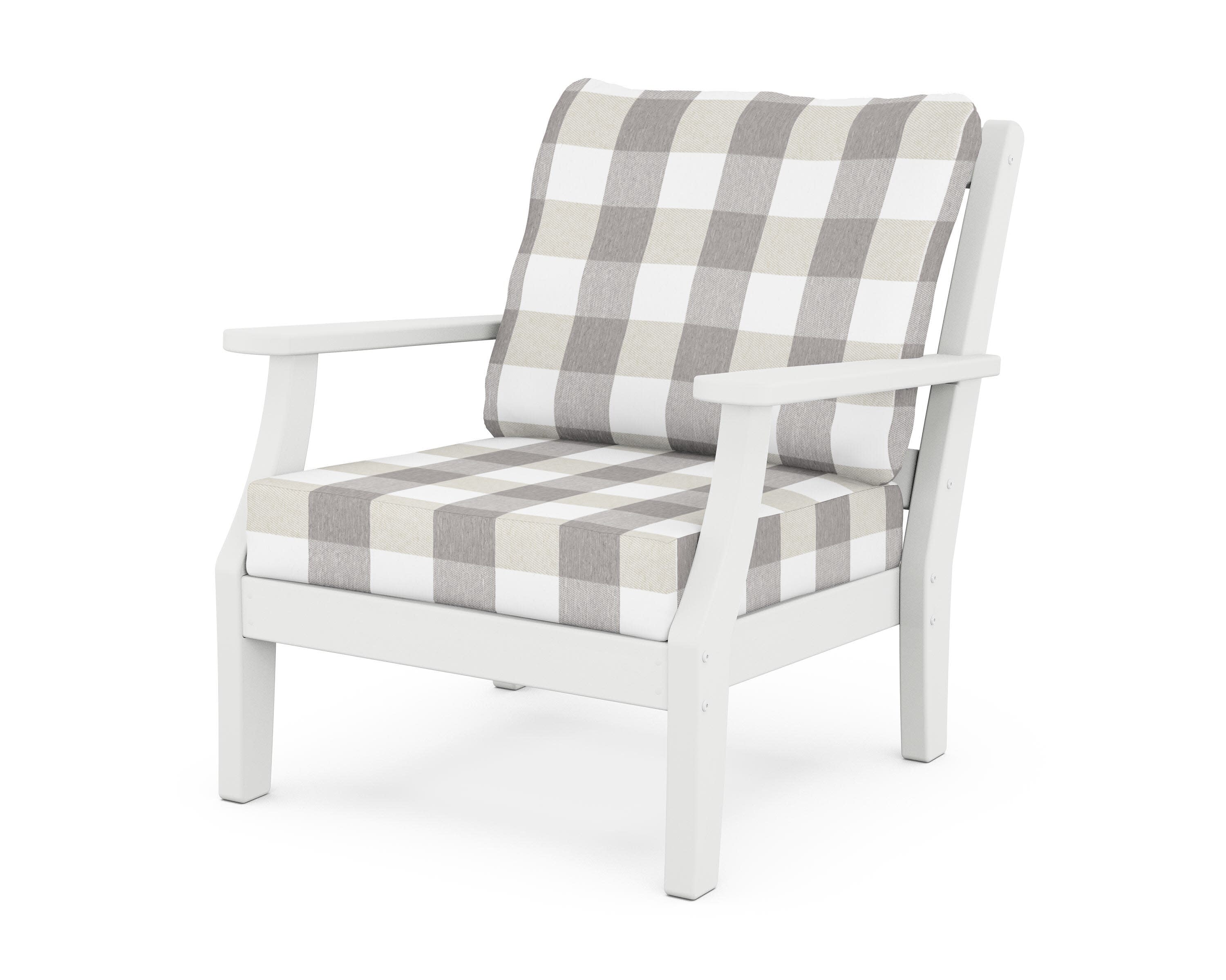 Chinoiserie Deep Seating Chair in White / Buffalo Plaid Grey Mist