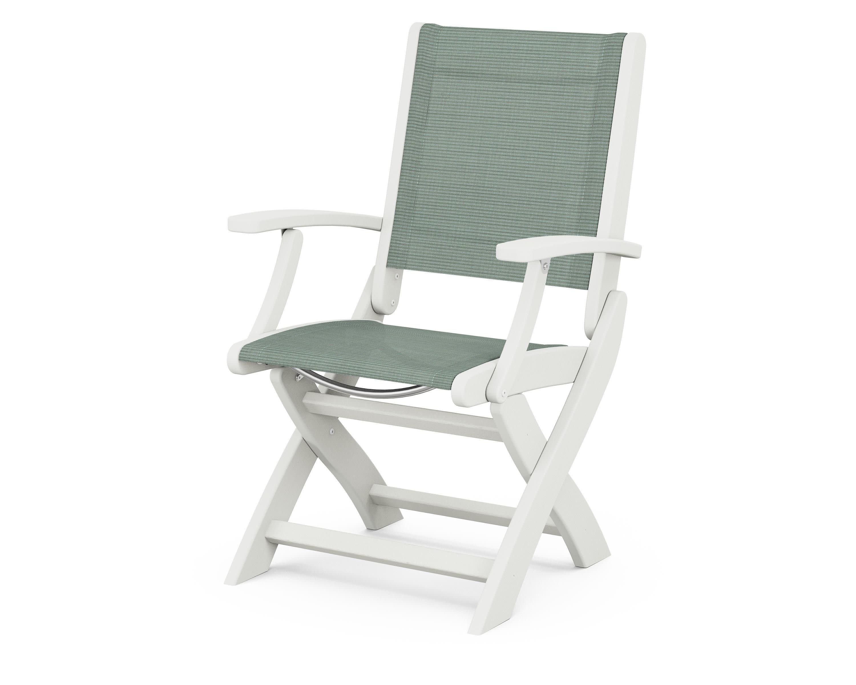 Coastal Folding Chair in Vintage White / Dupioni Sea Mist Sling