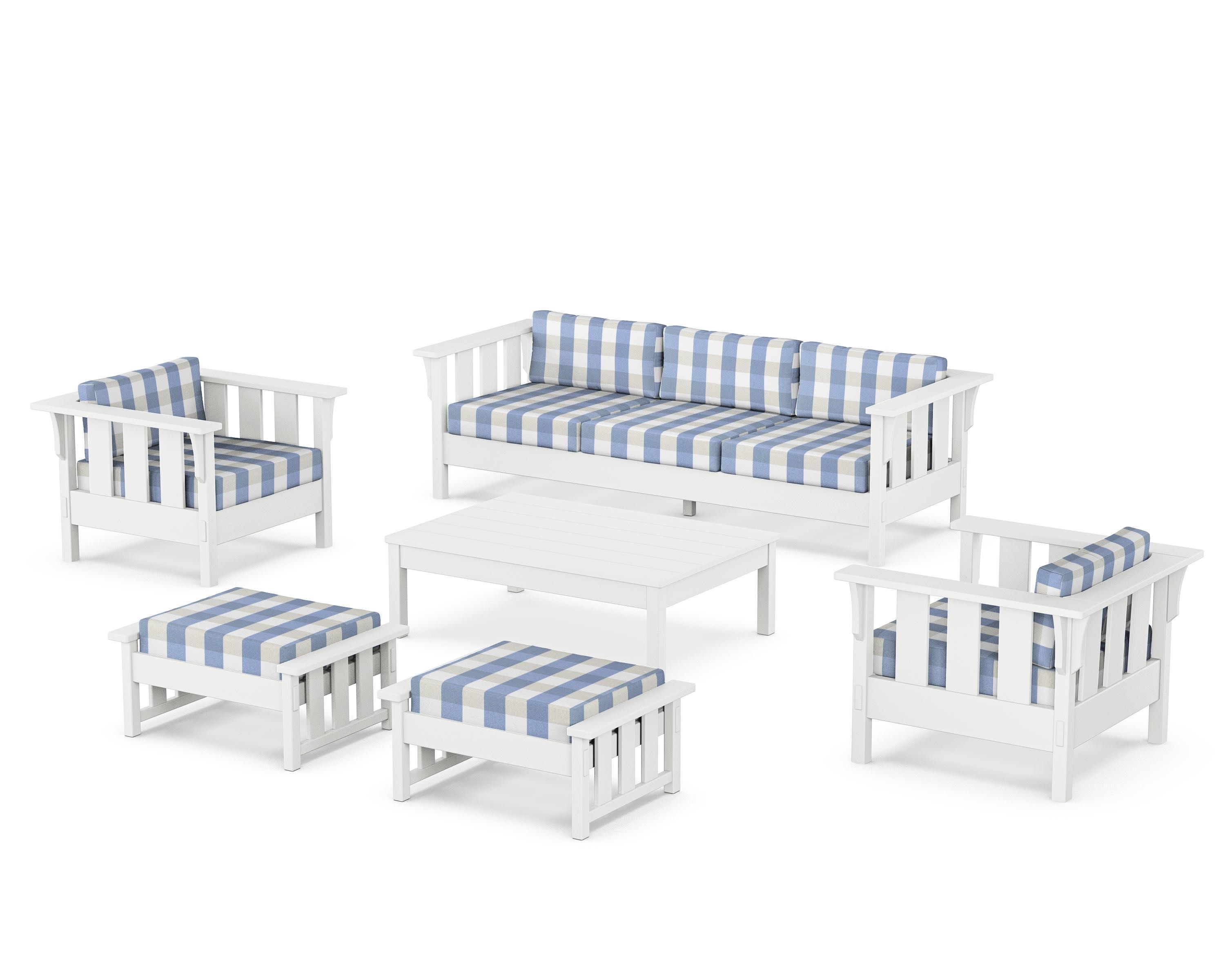 Acadia 6-Piece Lounge Sofa Set in White / Buffalo Plaid Sky Blue