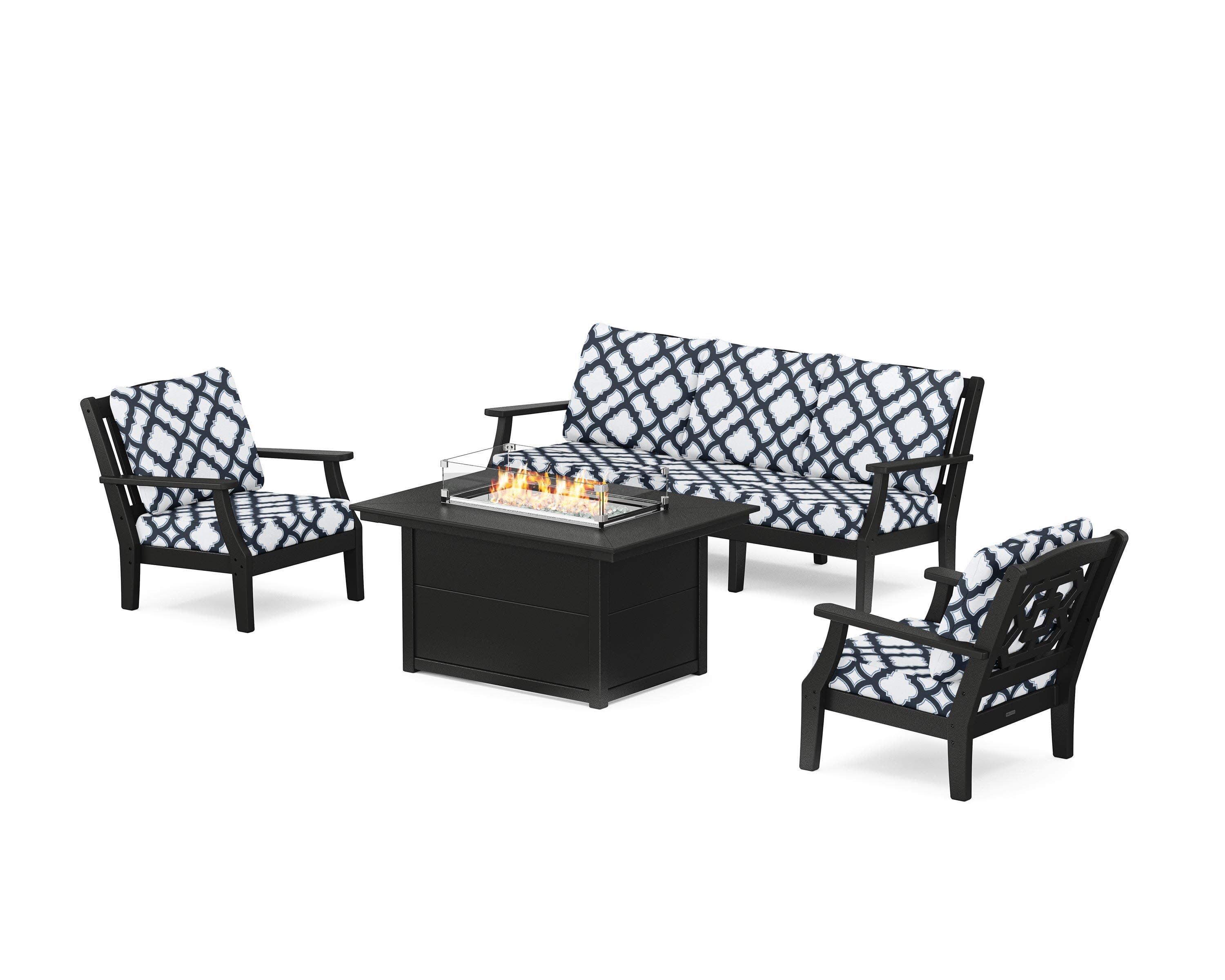 Chinoiserie Deep Seating Fire Pit Table Set in Black / Trellis Marine Indigo