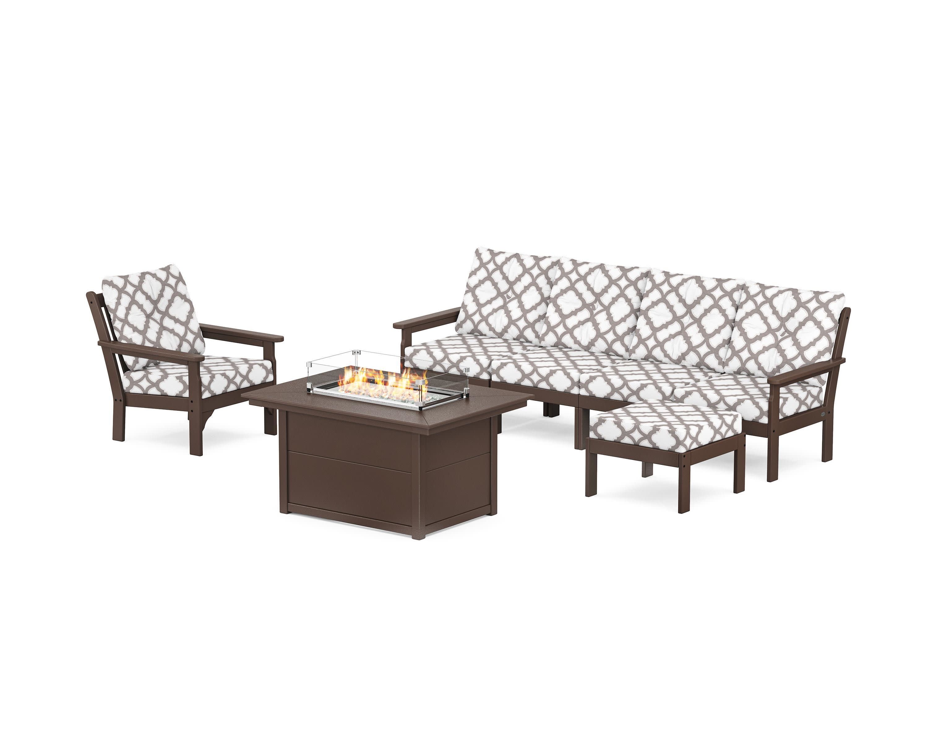 Vineyard Sectional Lounge and Fire Pit Set in Mahogany / Trellis Grey Mist