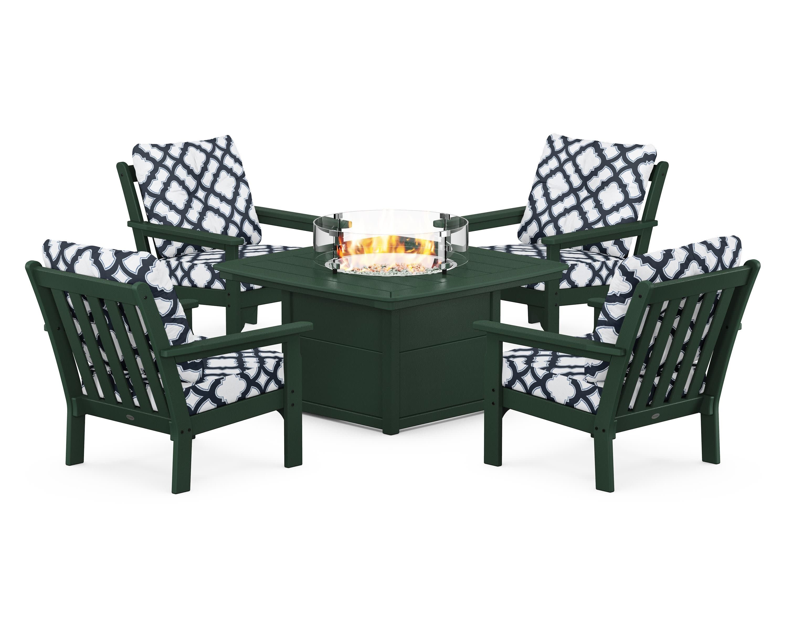 Vineyard 5-Piece Conversation Set with Fire Pit Table in Green / Trellis Marine Indigo