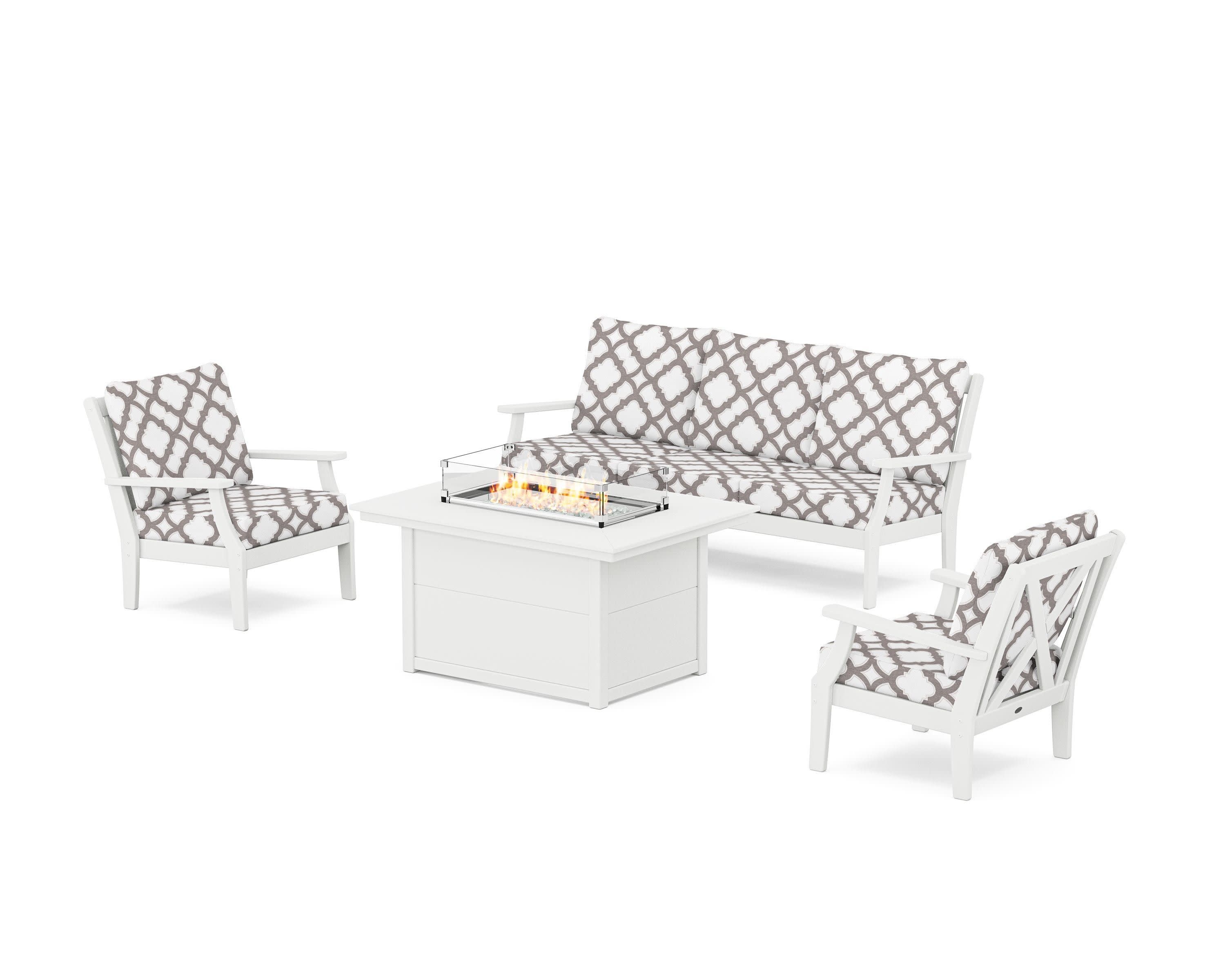 Braxton Deep Seating Fire Pit Table Set in White / Trellis Grey Mist