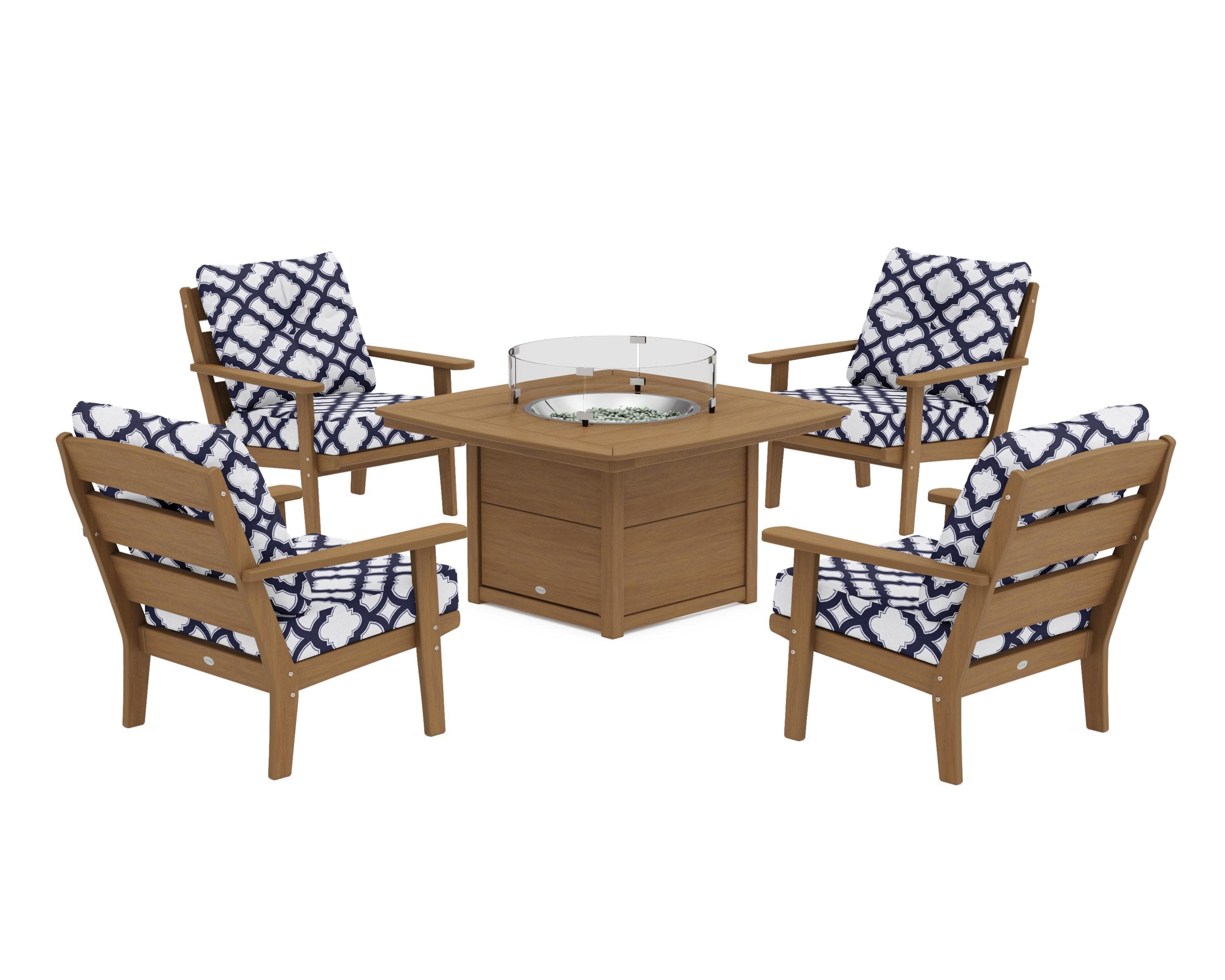 Lakeside 5-Piece Deep Seating Set with Nautical Fire Pit Table in Natural / Trellis Navy