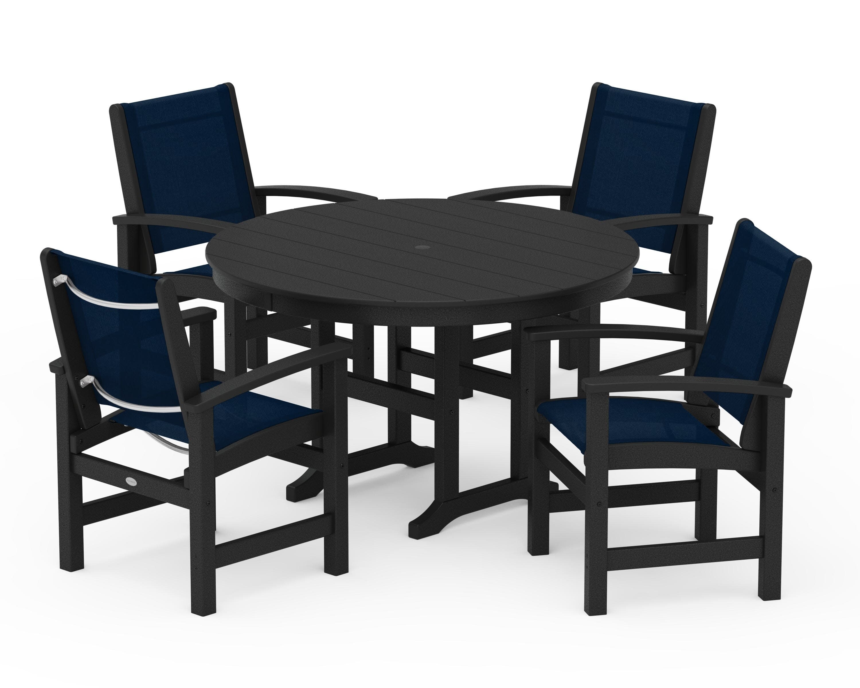 Coastal 5-Piece Round Farmhouse Dining Set in Black / Navy Blue Sling