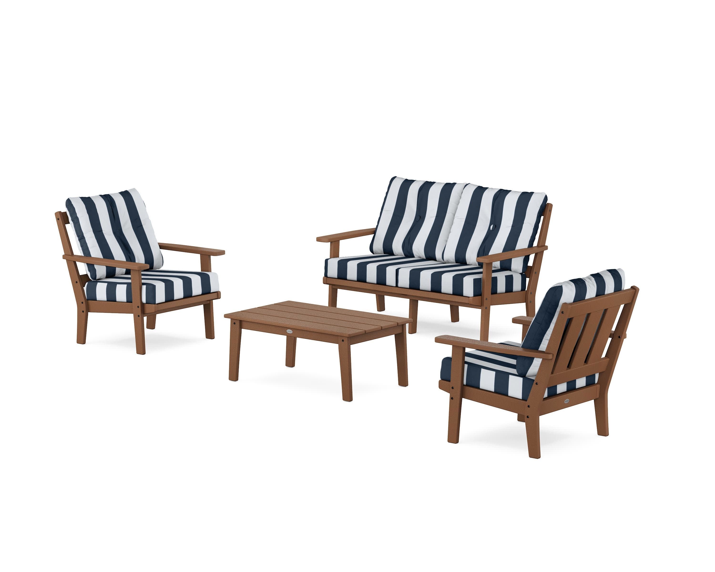 Oxford 4-Piece Deep Seating Set with Loveseat in Teak / Cabana Stripe Marine Indigo
