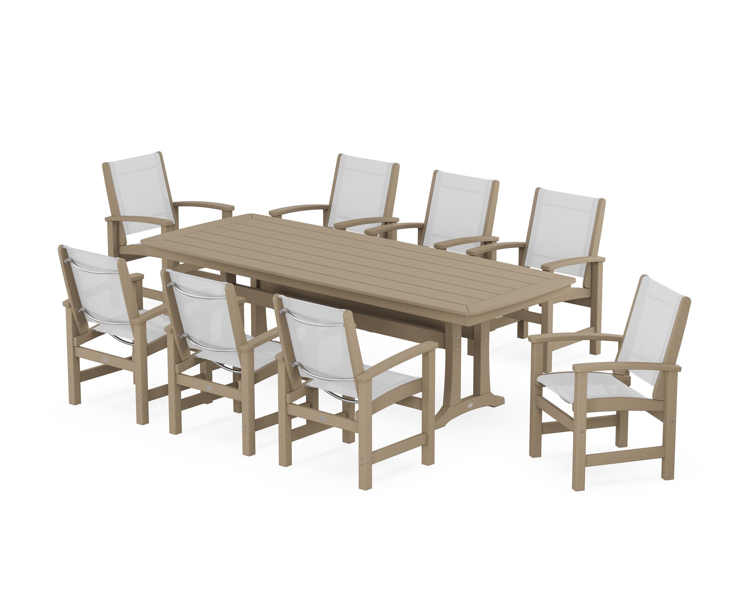 Coastal 9-Piece Dining Set with Trestle Legs in Vintage Sahara / White Sling
