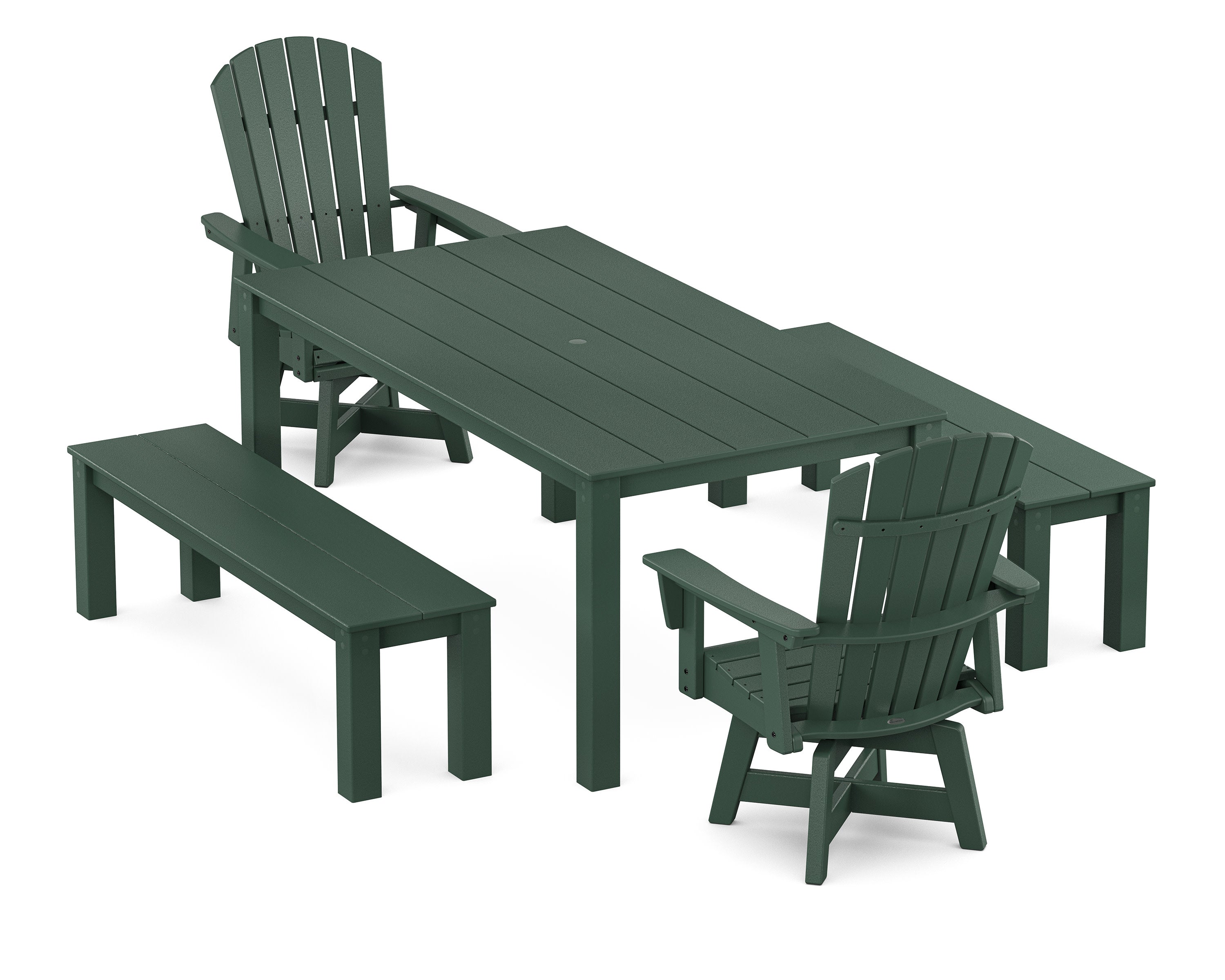 Nautical Curveback Adirondack Swivel 5-Piece Parsons Dining Set with Benches in Green
