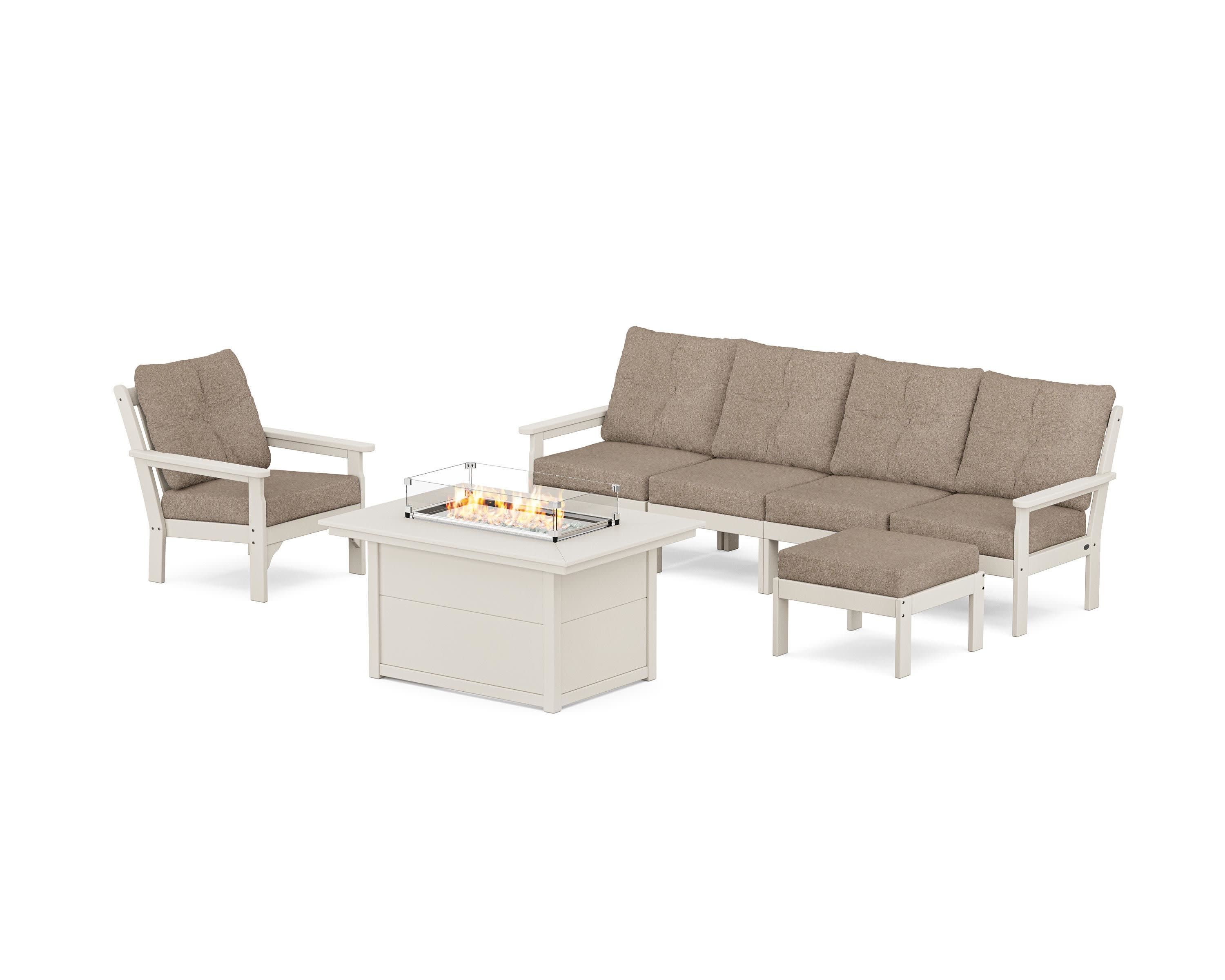 Vineyard Sectional Lounge and Fire Pit Set in Sand / Spiced Burlap