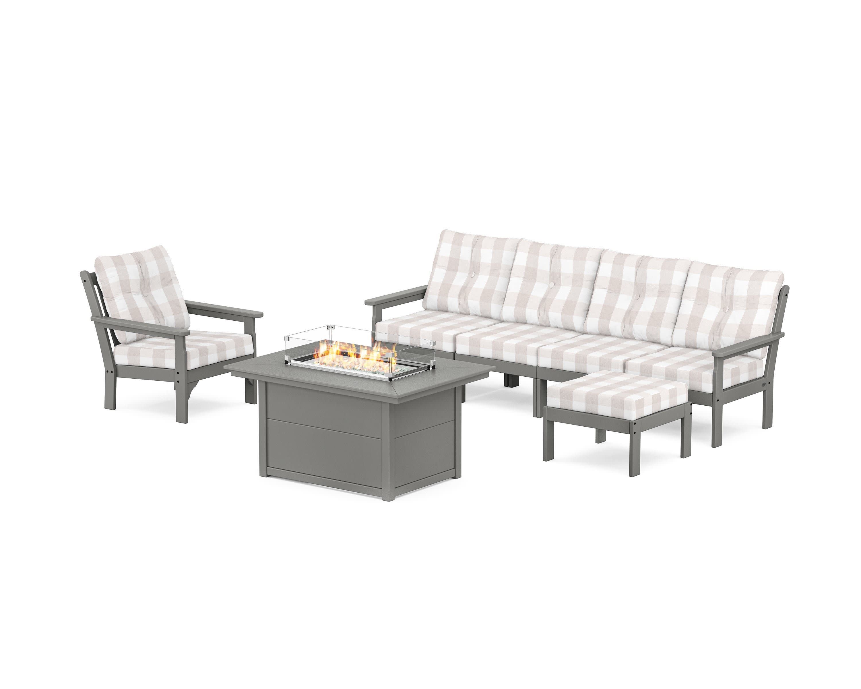 Vineyard Sectional Lounge and Fire Pit Set in Slate Grey / Buffalo Plaid Dune Burlap