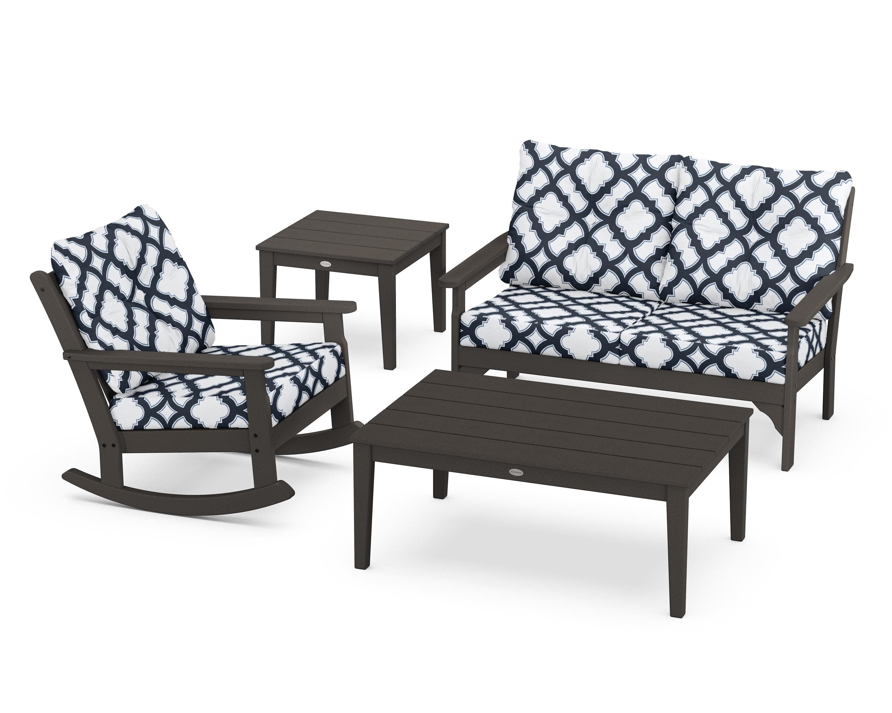 Vineyard 4-Piece Deep Seating Rocker Set in Vintage Coffee / Trellis Marine Indigo