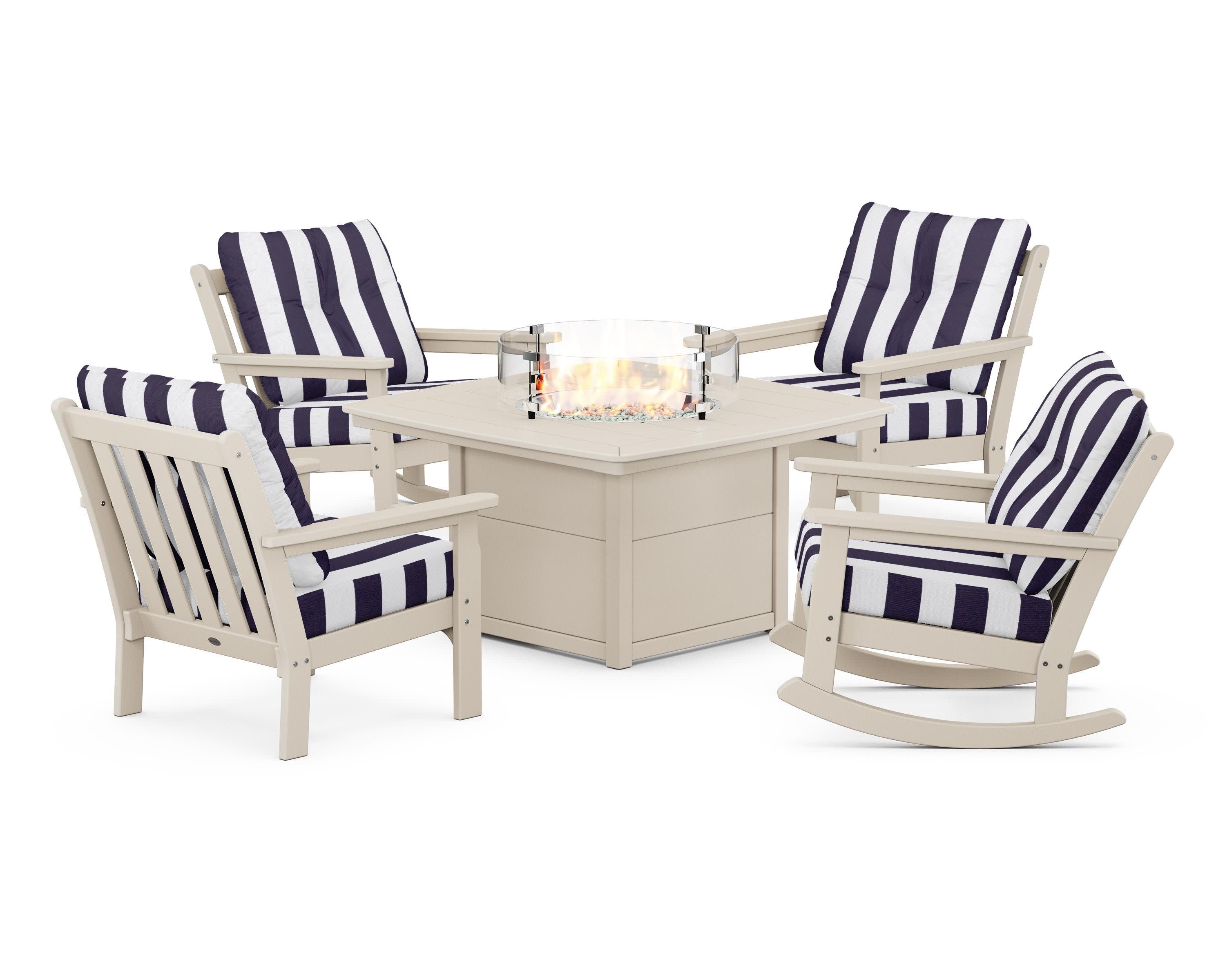 Vineyard 5-Piece Deep Seating Rocking Chair Conversation Set with Fire Pit Table in Sand / Cabana Stripe Navy
