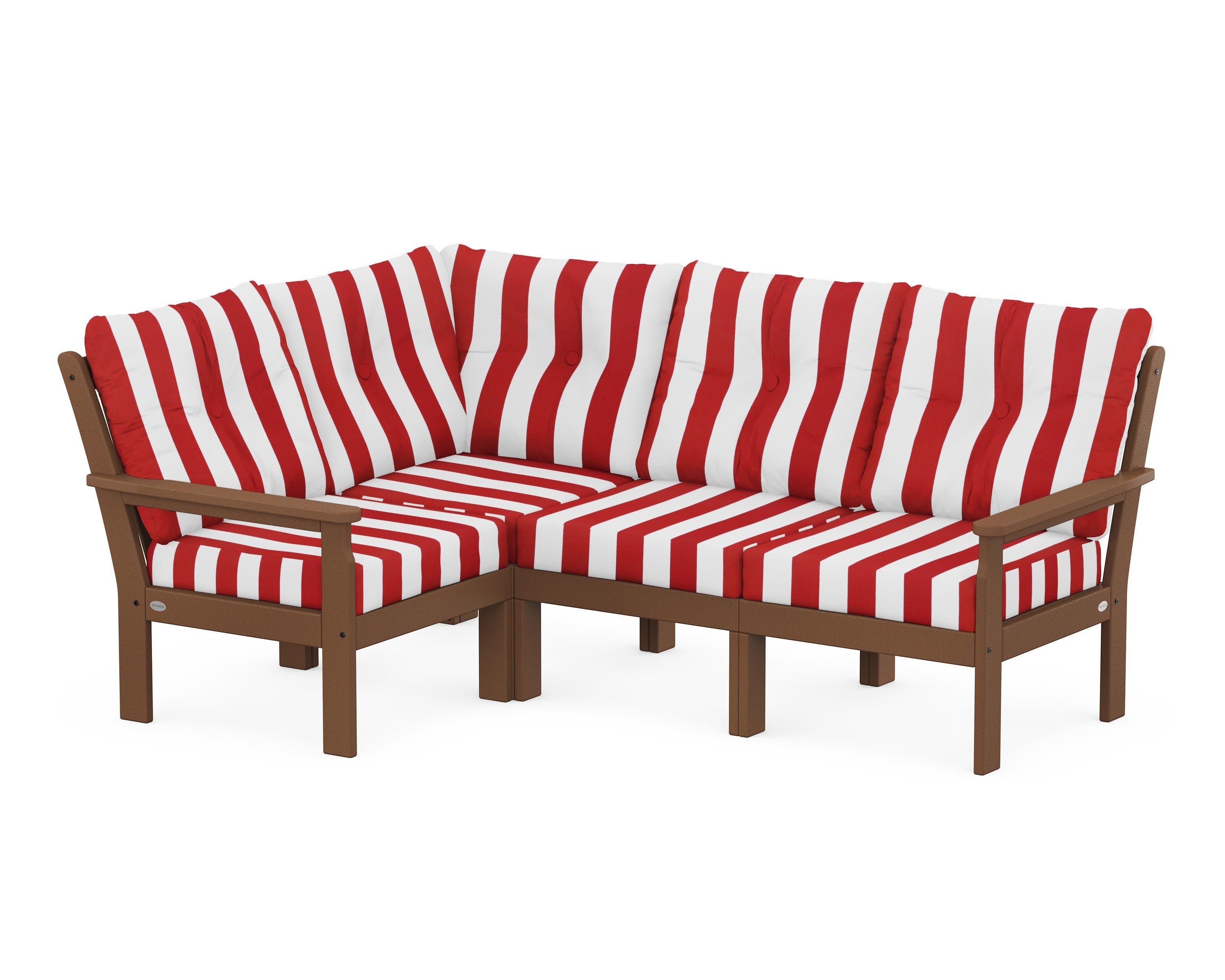 Vineyard 4-Piece Sectional in Teak / Cabana Stripe Crimson