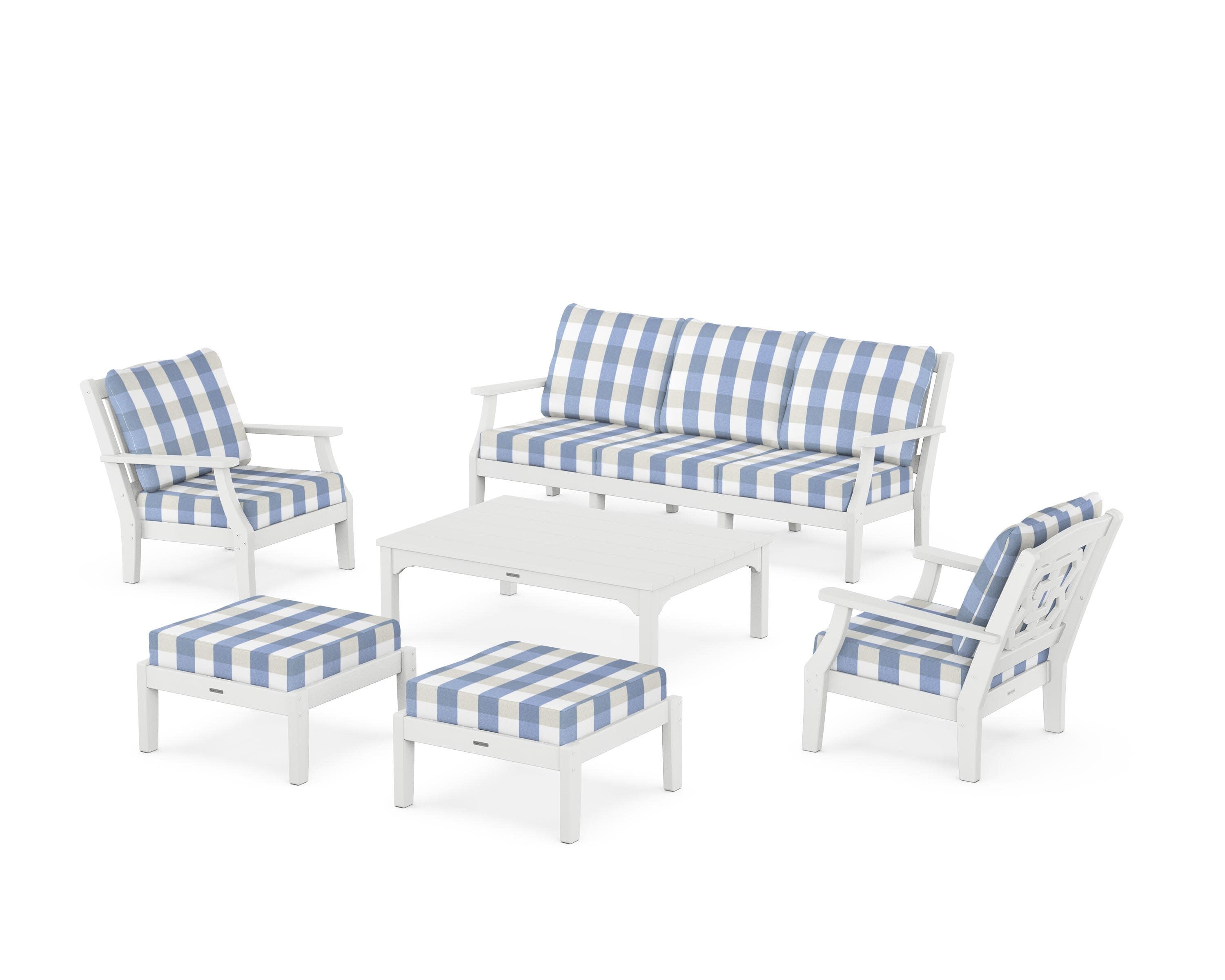 Chinoiserie 6-Piece Lounge Sofa Set in White / Buffalo Plaid Sky Blue